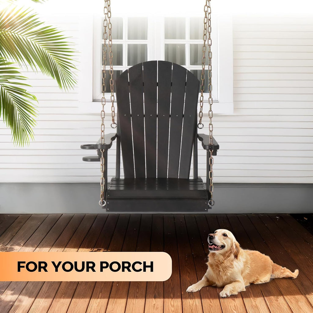 VINGLI Heavy Duty 880 LBS HDPE Porch Swing Outdoor with Rotatable Cup Holder, 1-Person Patio Hanging Swing with Adjustable Chains, Scalloped Backrest for Porch, Yard, Tree, Garden (Black)