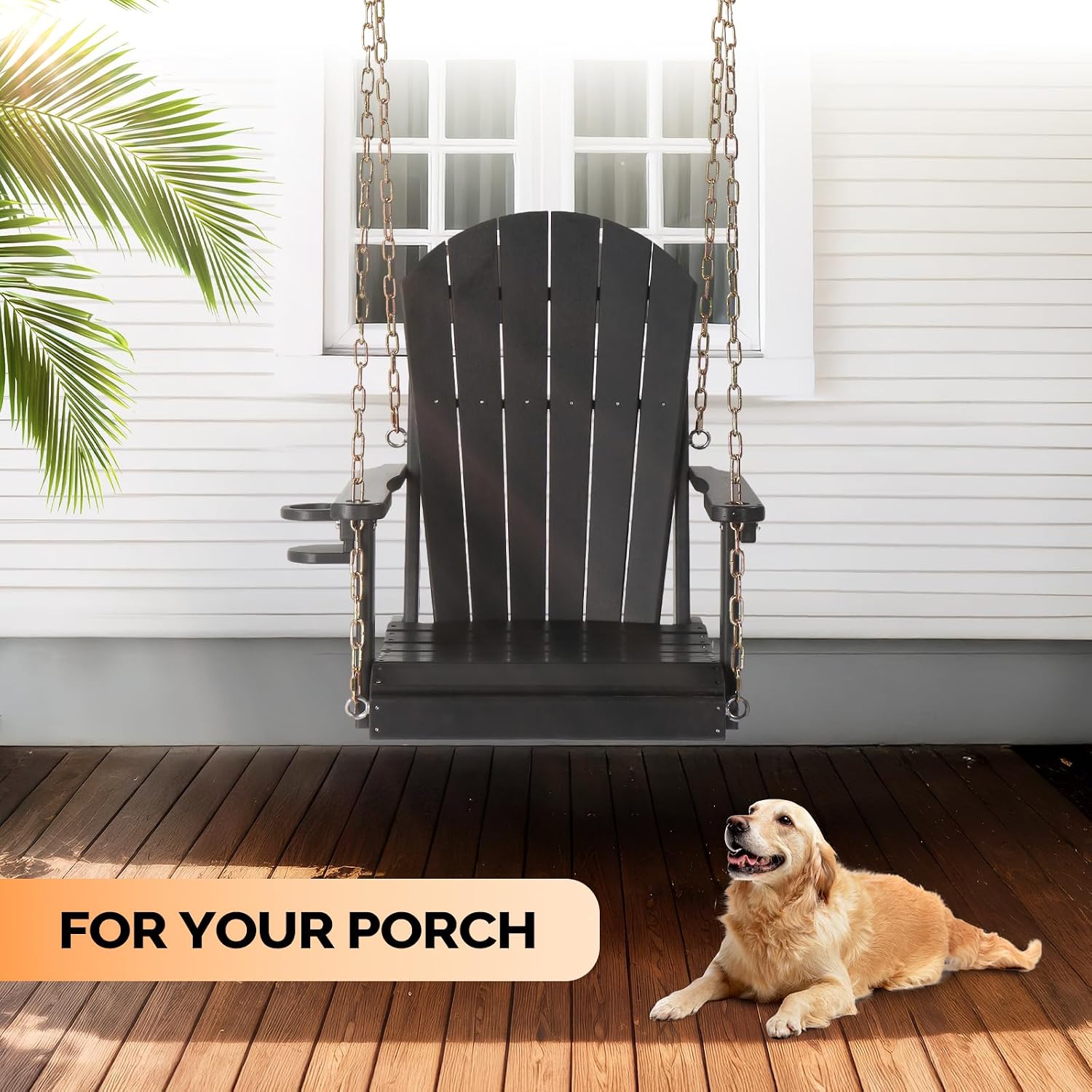 VINGLI Heavy Duty 880 LBS HDPE Porch Swing Outdoor with Rotatable Cup Holder, 1-Person Patio Hanging Swing with Adjustable Chains, Scalloped Backrest for Porch, Yard, Tree, Garden (Black)