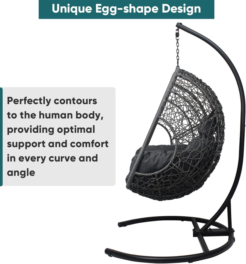 JOYBASE Hanging Egg Chair with Stand, Oversized Patio Swing Chair with Stand and Cushion, Hammock Wicker Rattan Lounge Chair for Indoor Outdoor Backyard Garden (Dark Grey)