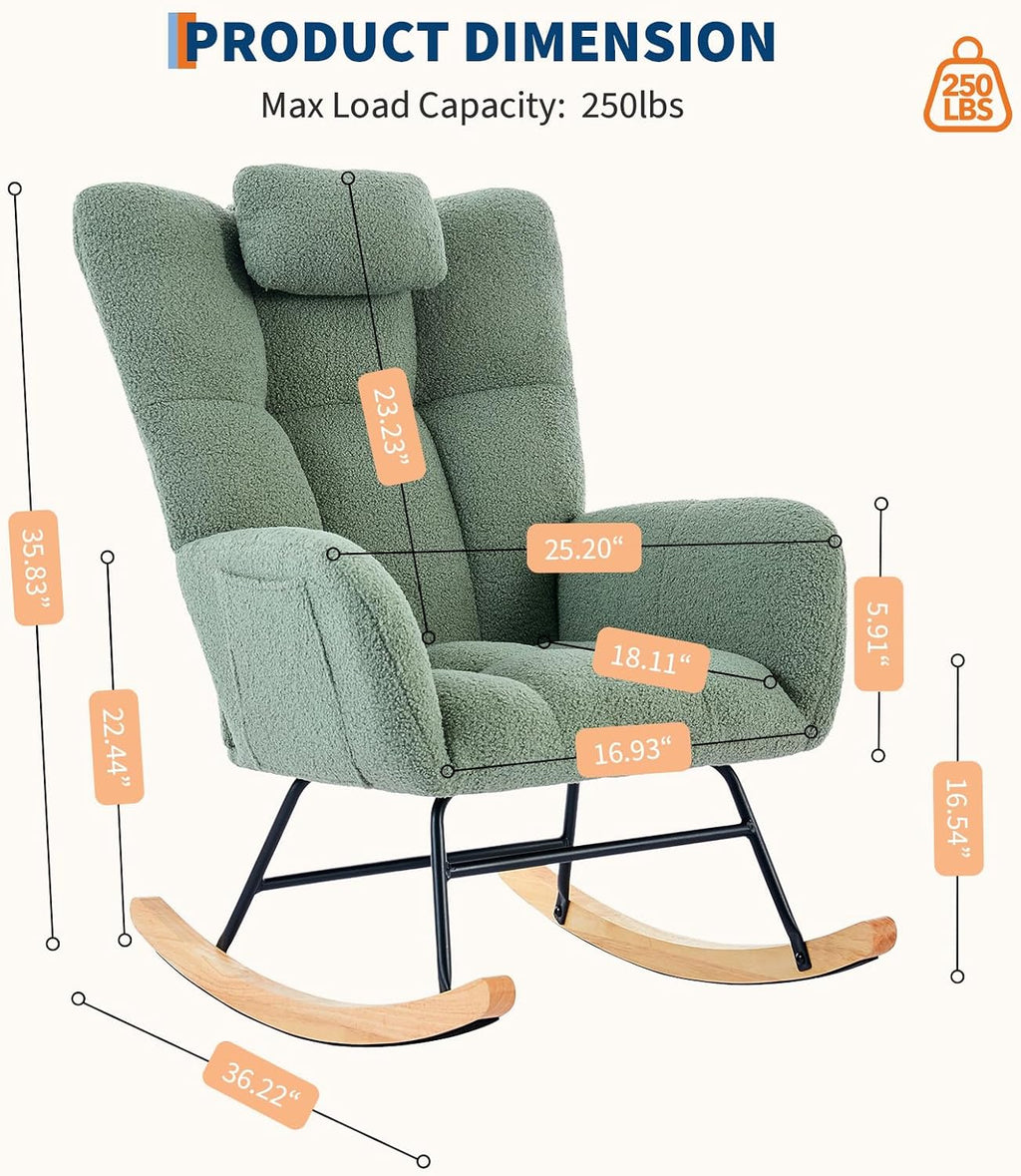 Nursery Rocking Chair,300Lb Glider Chair with Wood Legs/Two Side Pockets,Teddy Upholstered Glider Rocker with Padded Seat High Backrest for Living Room/Bedroom/Nursery