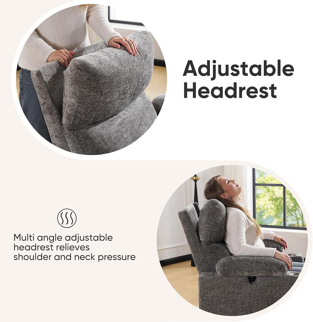 Swivel Rocker Recliner with Adjustable Armrests, Rocking Nursery Chair with Adjustable Headrest, Cup Holder, Manual Recliner Nursing Chair for Breastfeeding, Chenille Dark Grey