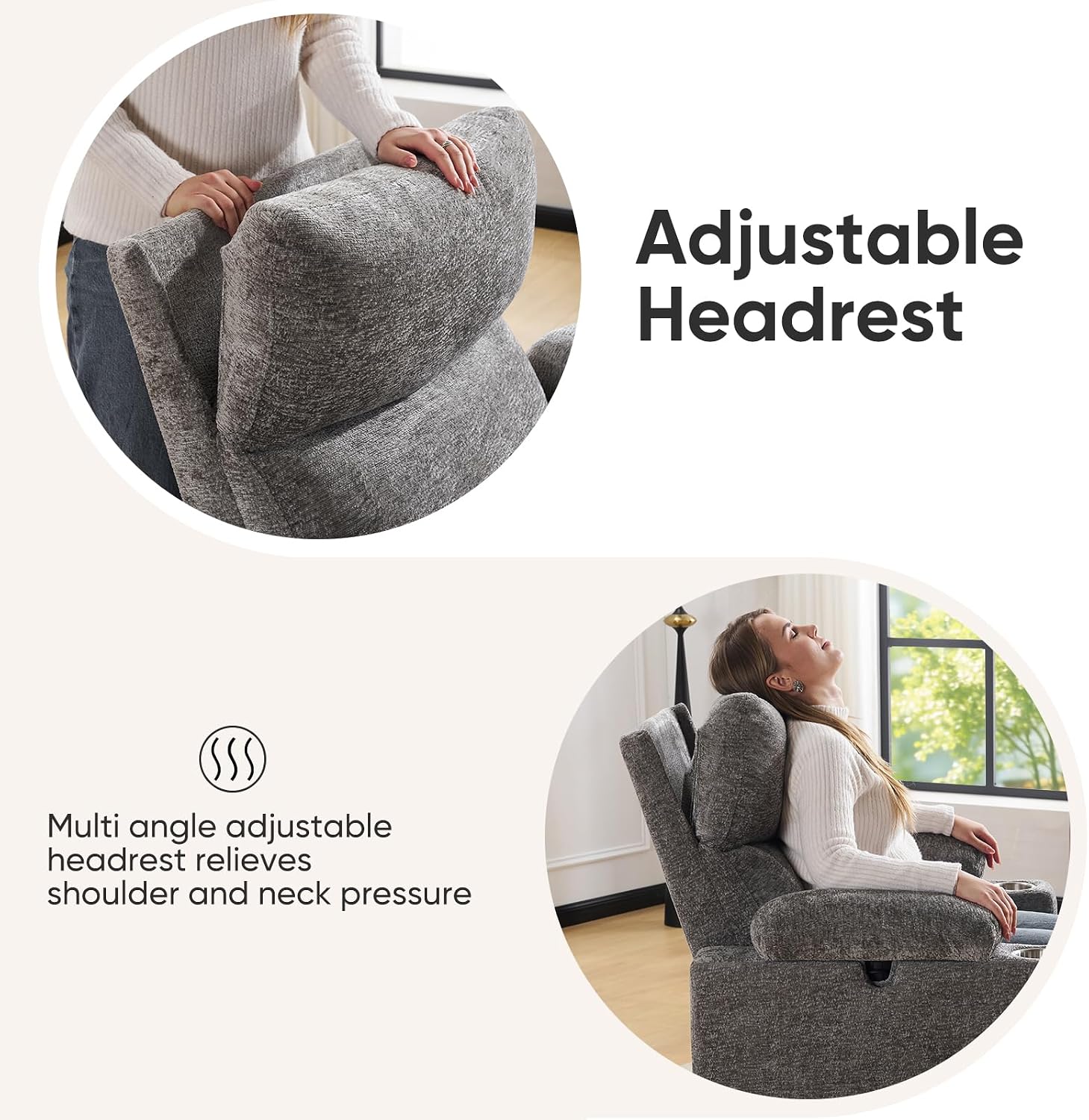 Swivel Rocker Recliner with Adjustable Armrests, Rocking Nursery Chair with Adjustable Headrest, Cup Holder, Manual Recliner Nursing Chair for Breastfeeding, Chenille Dark Grey