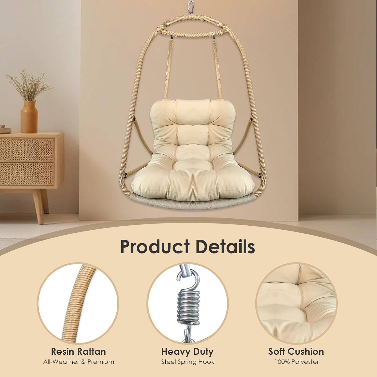 JESE Swing Egg Chair Foldable Frame Hanging Chairs, UV Resistant Waterproof Cushion and Cup Holder,Swing Hammock Chairs for Patio,Bedroom,Balcony, Garden-350lbs, No Stand, Brown