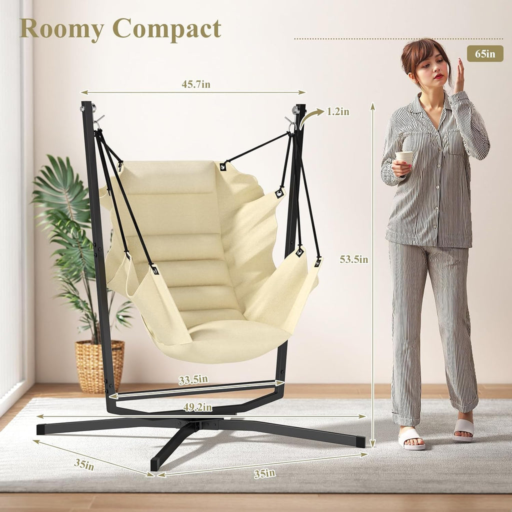 360° Swivel Hammock Swing Chair with Stand - Comfortable Hanging Chair with Cushions (400 lbs Capacity) for Indoor/Outdoor Use - Perfect for Bedroom, Patio, Porch, Deck, Garden, Balcony