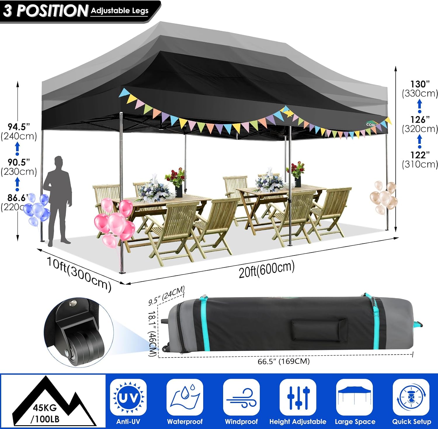 COBIZI 10x20 Canopy with Sidewalls, Heavy Duty Party Tent Pop up Canopy, Tents for Parties, Wedding, Outdoor Easy up Foldable Portable Canopy Tent with Wheeled Bag, Black(Windproof Upgrade)