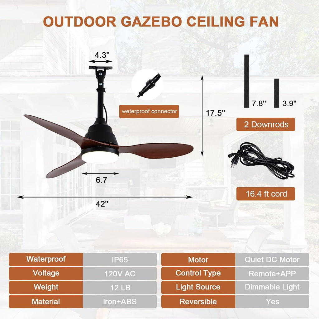 42'' Waterproof Outdoor Ceiling Fan with Lights IP65 Gazebo Fan Outdoor Hanging Wet Rated Plug in Ceiling Fan for Patio Pergola Porch Outside, APP Remote Control, Dimmable LED, 6 Speeds