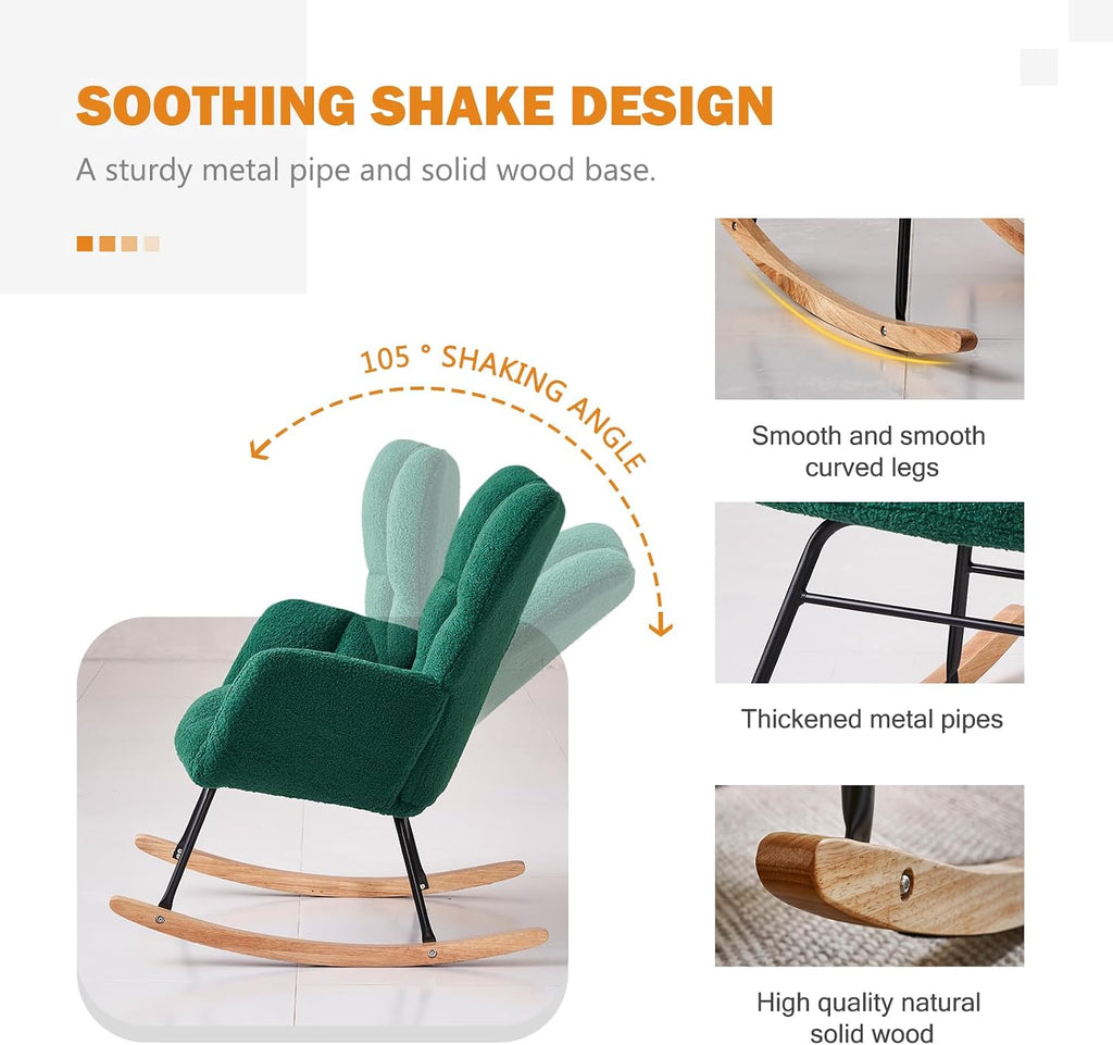 Rocking Chair Nursery, High Backrest Teddy Glider Rocker Upholstered Rocker Recliner Modern Rocking Accent Chairs for Bedroom, Living Room, Offices (Green)