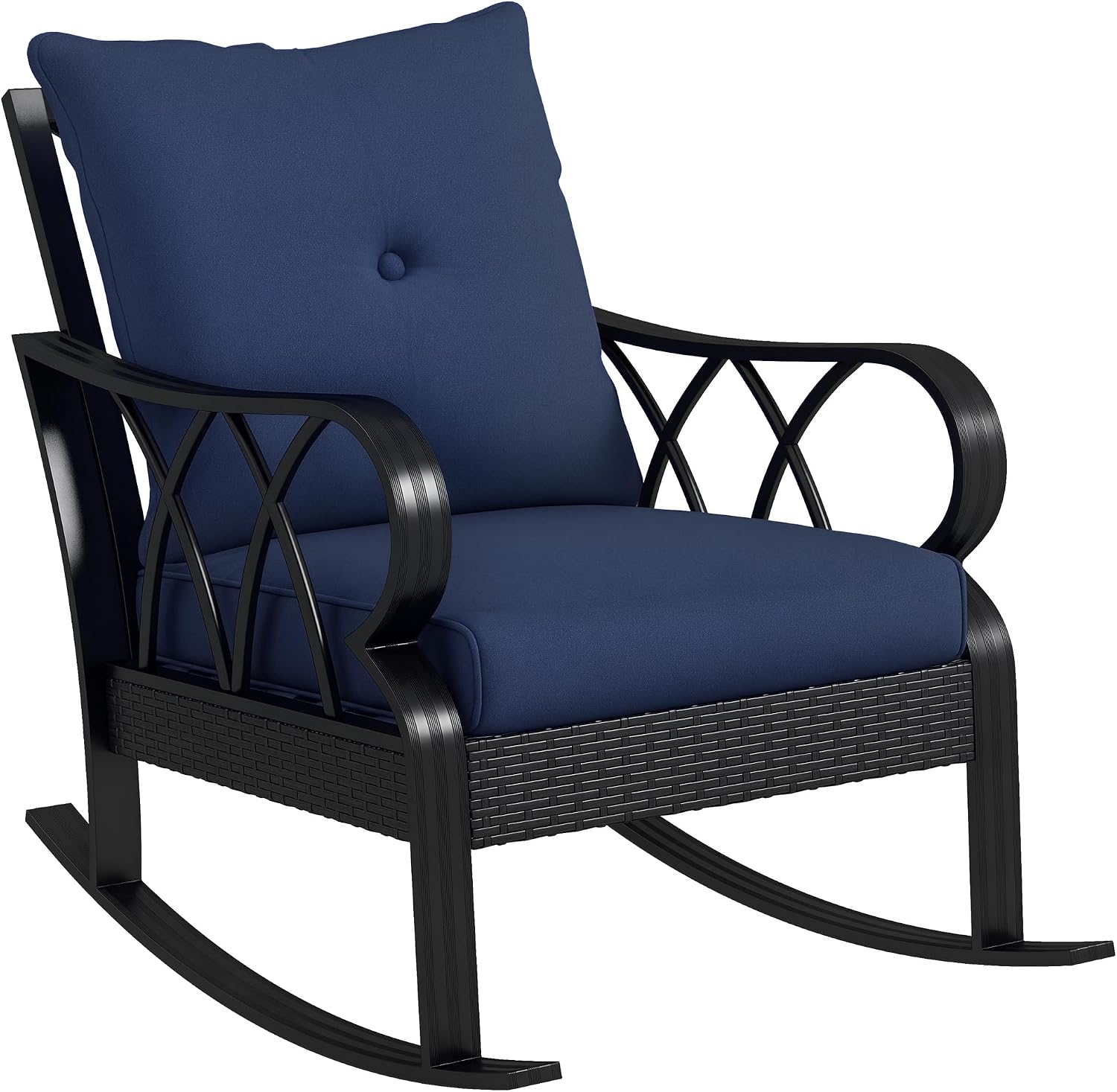 Outsunny Outdoor Wicker Rocking Chair with Padded Cushions, Aluminum Furniture Rattan Porch Rocker Chair w/Armrest for Garden, Patio, and Backyard, Navy Blue
