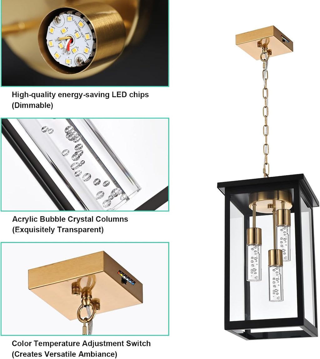 Yaohong 17' Large 5CCT LED Outdoor Pendant Light, 3-Lights Modern Black and Brushed Brass Hanging Ceiling Fixture with Acrylic Column & Clear Glass, Weatherproof Chandelier for Porch Gazebo
