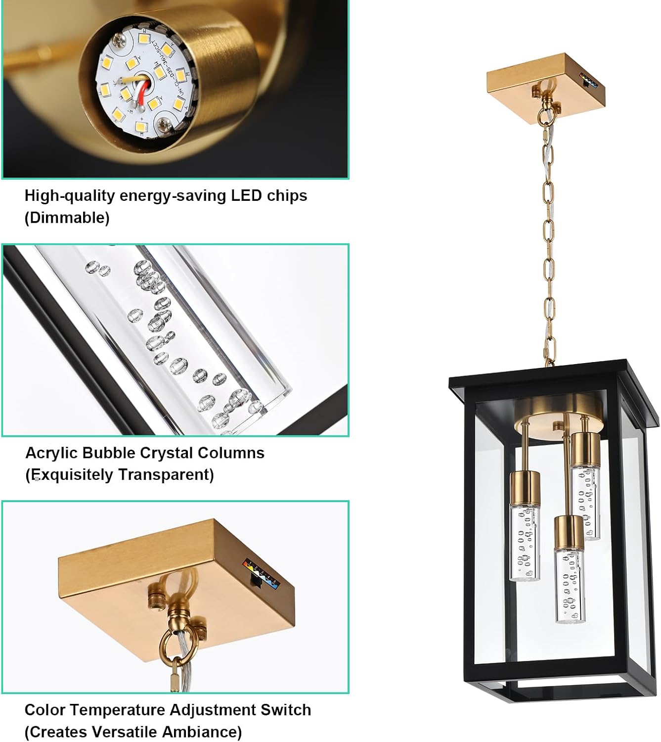 Yaohong 17' Large 5CCT LED Outdoor Pendant Light, 3-Lights Modern Black and Brushed Brass Hanging Ceiling Fixture with Acrylic Column & Clear Glass, Weatherproof Chandelier for Porch Gazebo