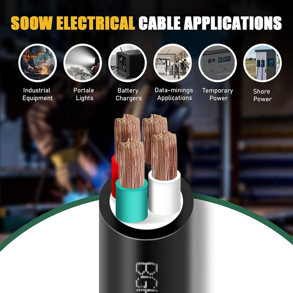 100ft 14/4 14 AWG Portable Power Cable (4 Conductor) - SOOW 600V 14 Gauge Electric Wire for Generator, Portable Lights, RV/EV Car Battery Chargers and Machinery - 100 Feet Electrical Cord