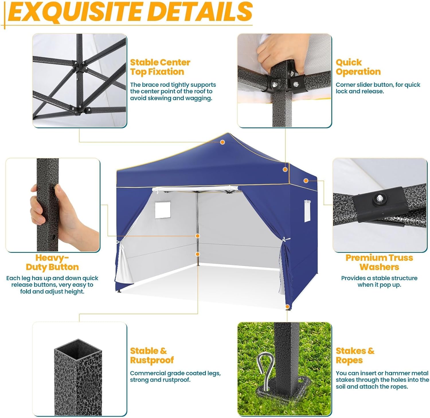 COBIZI 10x10 Heavy Duty Pop Up Canopy Tent for Event Commercial Instant Canopy with 4 Sidewalls, Portable Vendor Outdoor Tent for Parties，Backyard, Camping, Waterproof UPF50+, Dark Blue