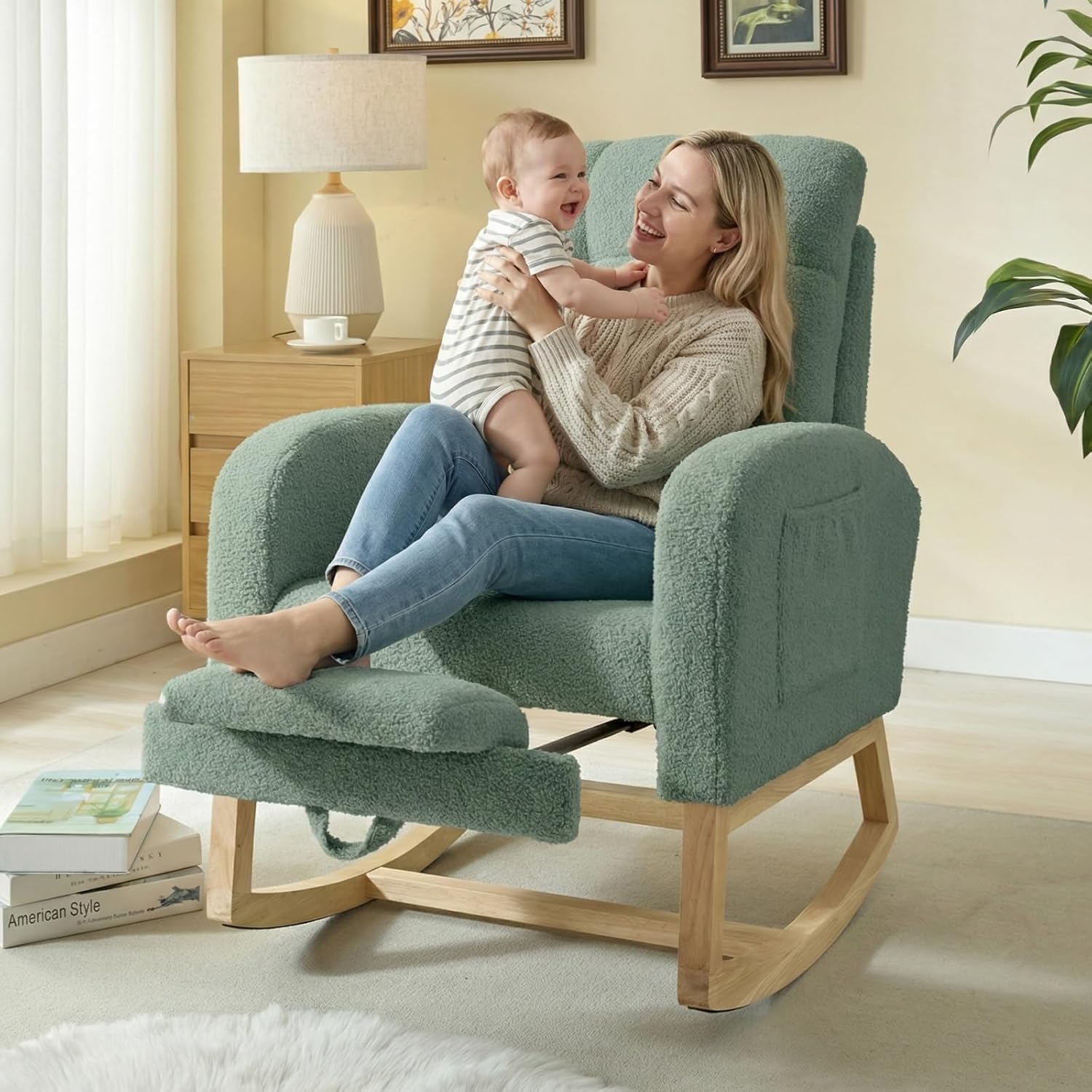 NIOIIKIT Modern Nursery Rocking Chair, Teddy Upholstered Rocking Chair with Footrest, Comfortable Rocker Chair with Side Pocket, Rocker Chair for Living Room, Bedroom, Nursing Room (Green)