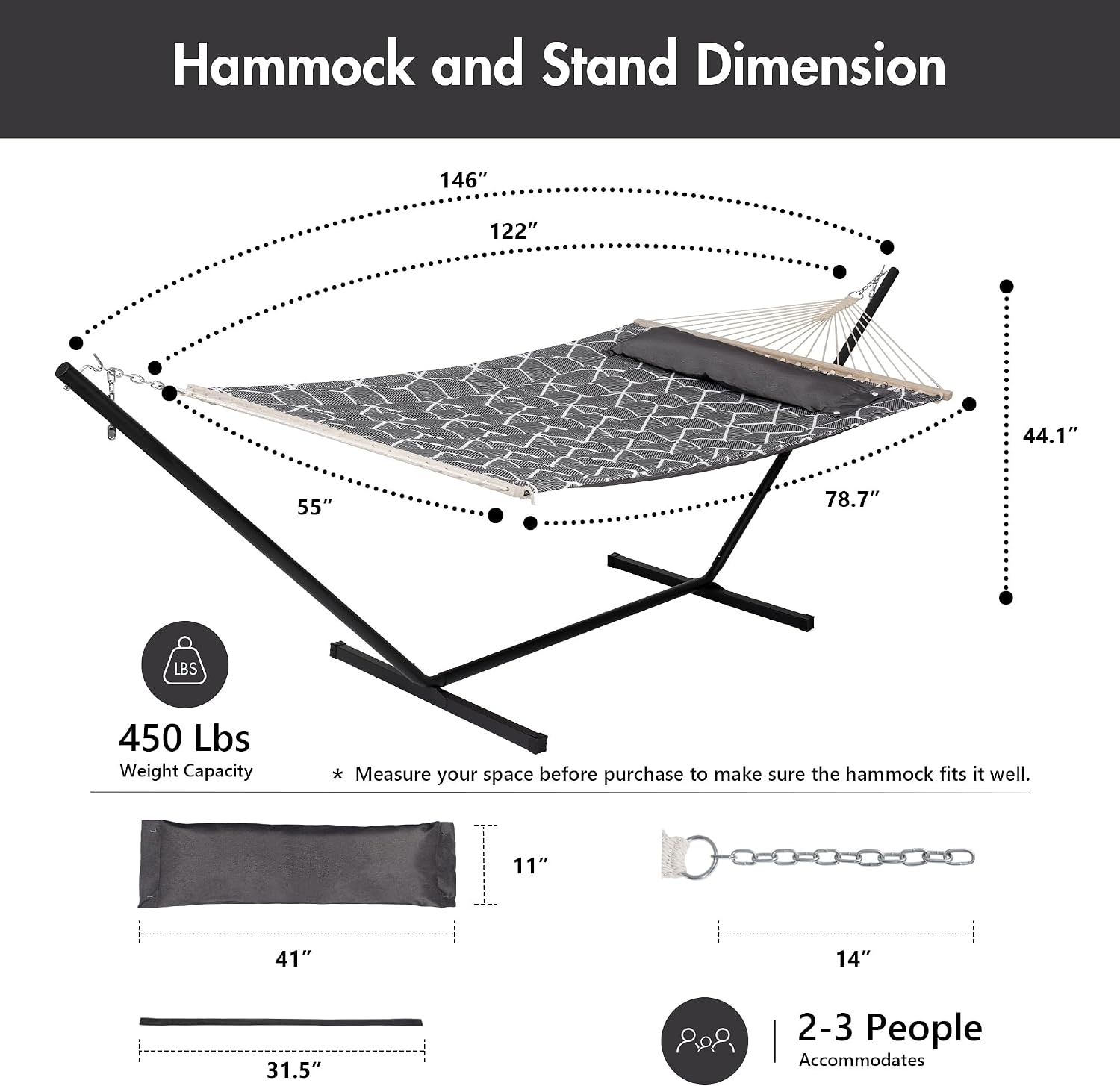 ANOW Double Hammock with Stand Included, 2 Person Hammock with Stand for Outside, 450 LBS Weight Capacity, Gray Cube