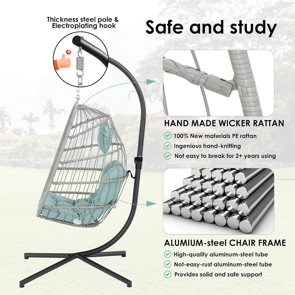 Egg Hanging Chair with Stand Hammock Egg Chair Indoor Outdoor, Wicker Rattan Hanging Swing Chair Basket Egg Chair Aluminum Steel Frame and UV Resistant Cushion for Bedroom Garden Backyard Light Blue