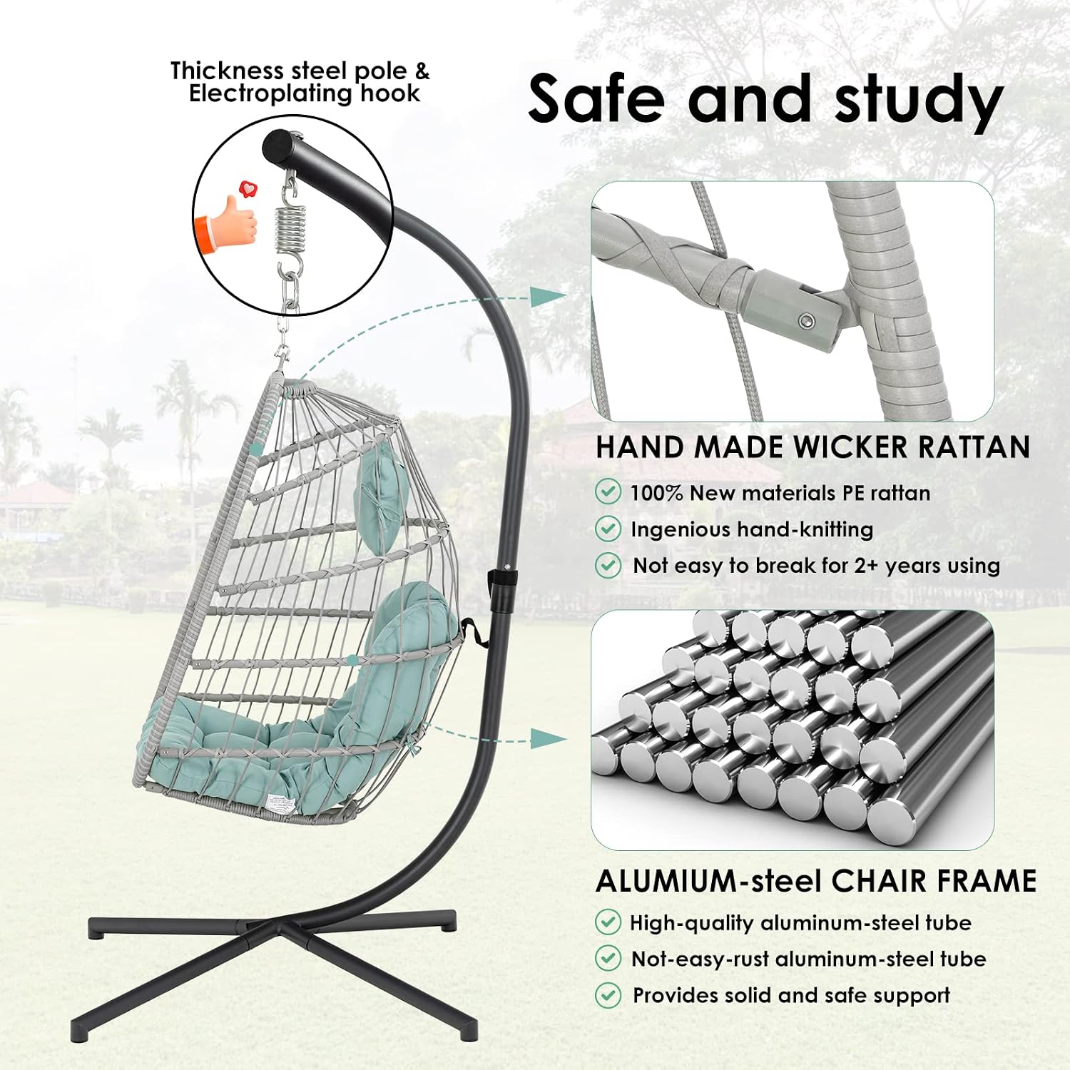 Egg Hanging Chair with Stand Hammock Egg Chair Indoor Outdoor, Wicker Rattan Hanging Swing Chair Basket Egg Chair Aluminum Steel Frame and UV Resistant Cushion for Bedroom Garden Backyard Light Blue