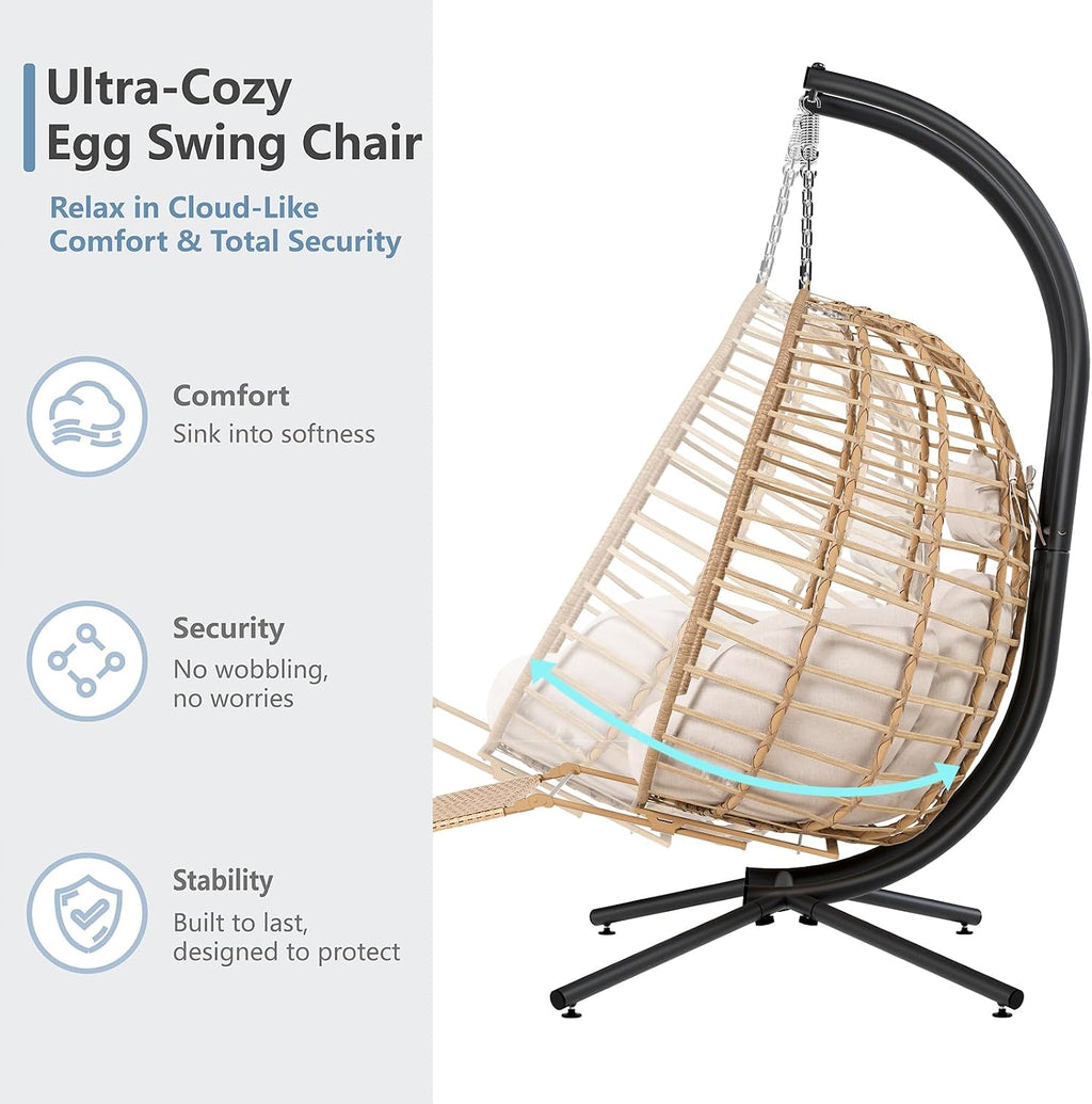 SWITTE Double Hanging Egg Chair with Stand & Footrest, Outdoor Patio 2 Person Wicker Hammock Swing Chairs with Cushion for Indoor Bedroom, Lawn, Garden-Natural