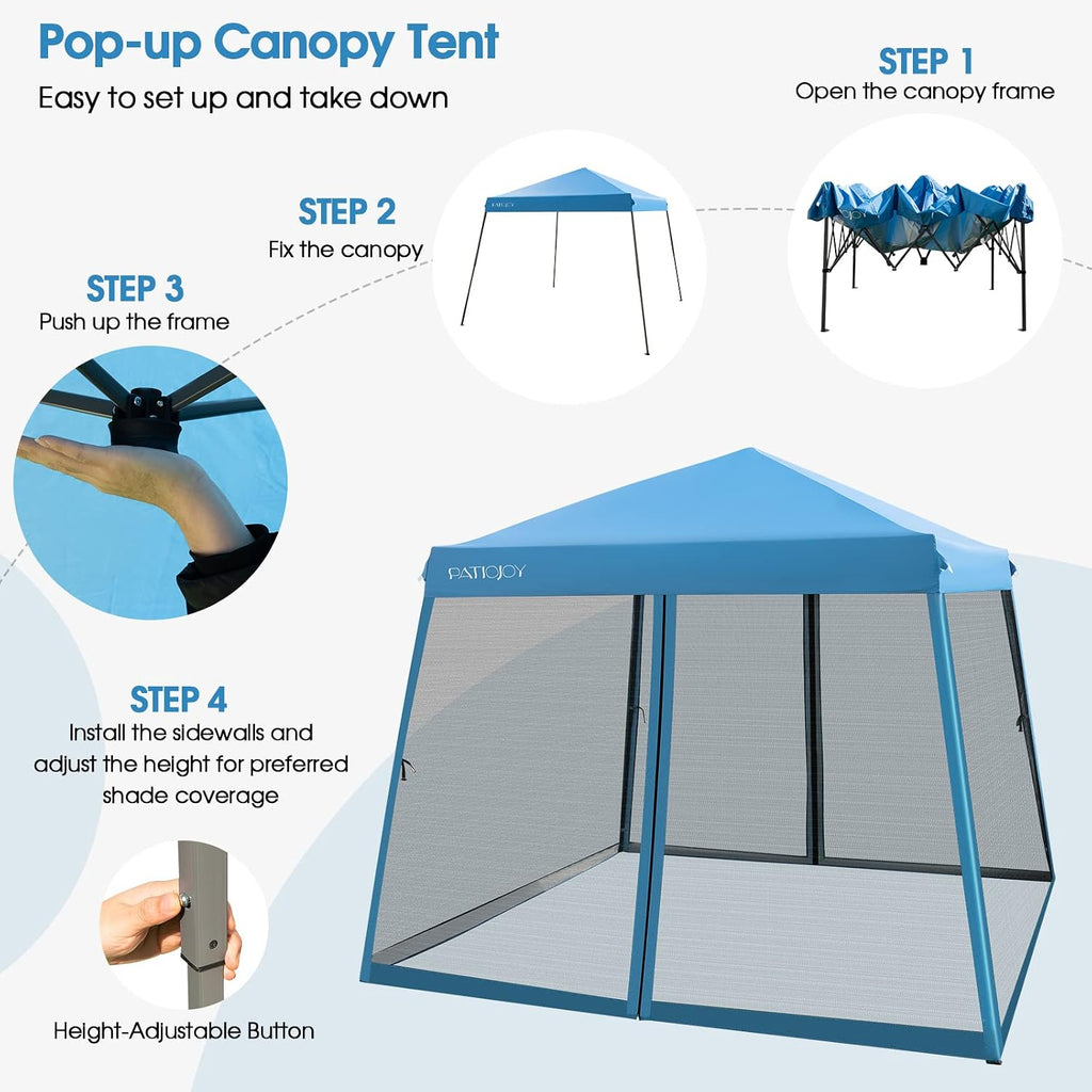 Tangkula 10x10 Ft Pop Up Canopy with Netting, Slanted Leg Outdoor Tent with Roller Bag, 4 Sand Bags, 8 Stakes, 4 Ropes, Instant Canopy Tent with Easy Set-up Center Lock for Patio (Blue)