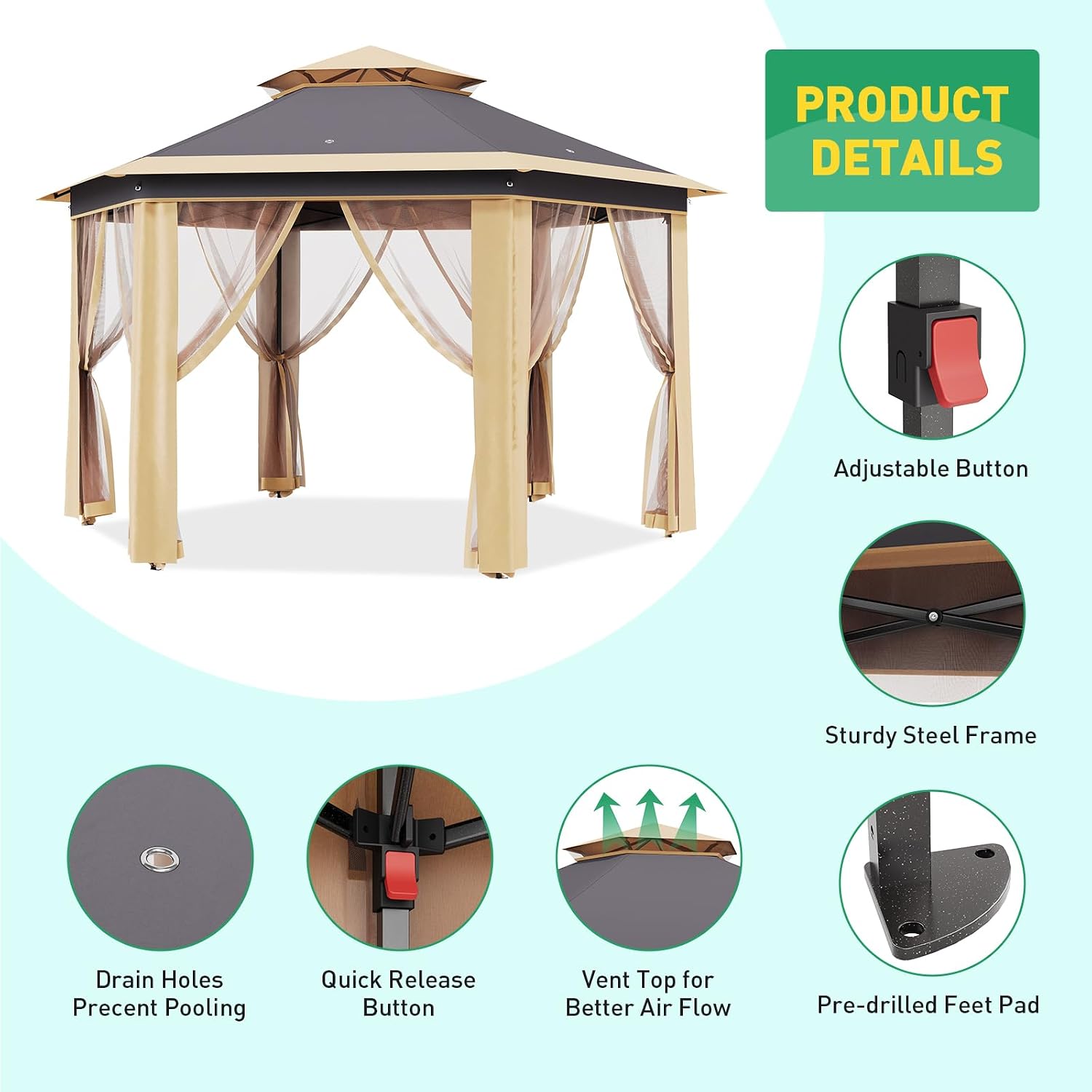 13'x13' Pop Up Gazebo with Mosquito Netting, Canopy Tent with Portable Carry Bag, Outdoor Gazebo for Backyard & Patio Furniture, Double-Layer Outdoor Pergola for Lawn, Garden, Khaki Beige