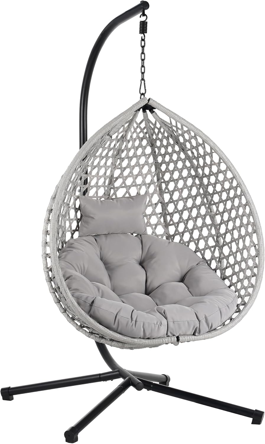 Sturdy Hammock Chair with Stand, Durable Hanging Egg Chair with Rattan Weaving,Comfortable Indoor Outdoor Swing Chairs with Soft Removable Cushion,Suitable for Balcony, Bedroom,or Garden, Gray+Gray