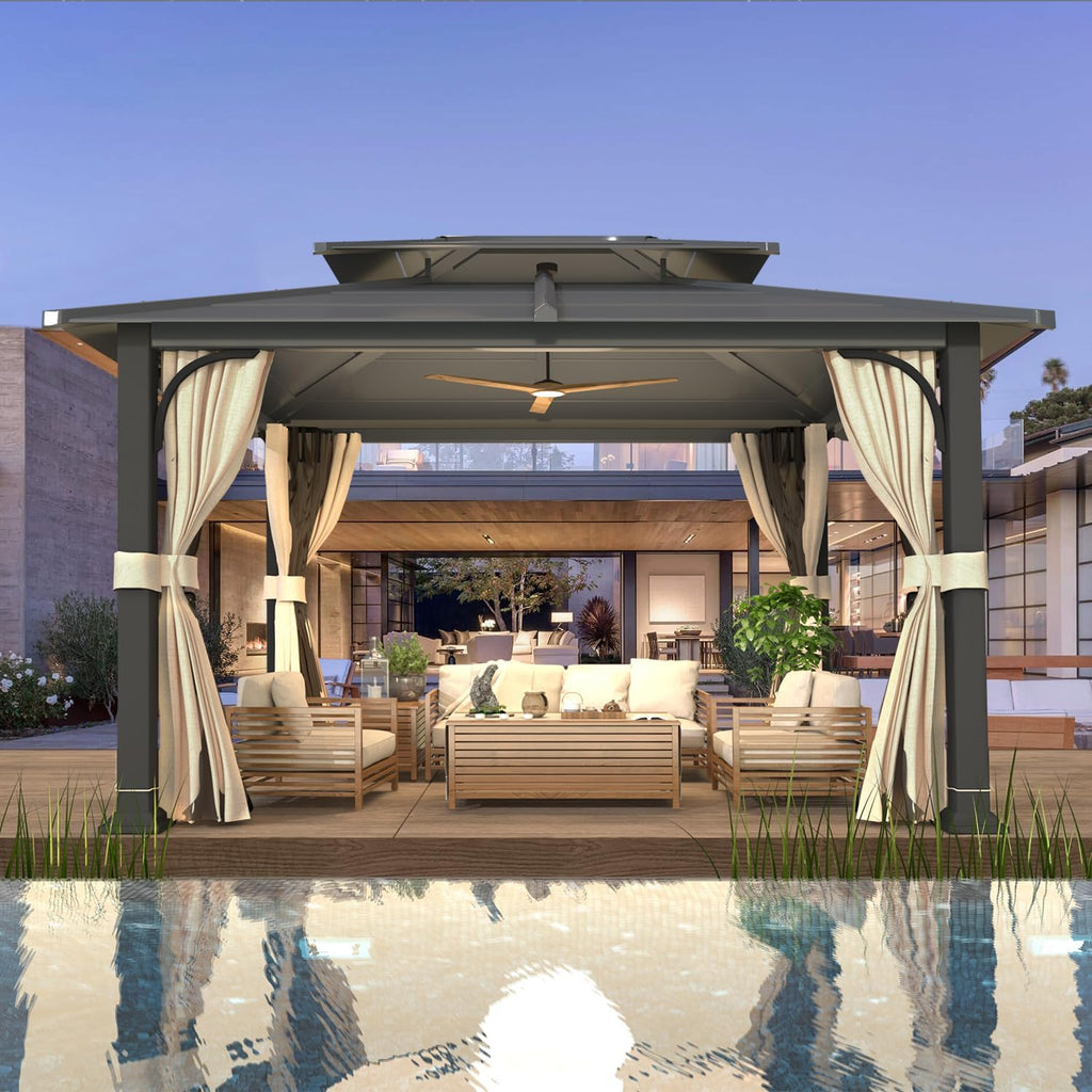 YOLENY 12'x 14' Gazebo with Galvanized Steel Roof, Double Roof Design with Anti-Rust Coating, Outdoor Gazebos with Curtains and Netting, Sunshade for Gardens, Lawns, Deck