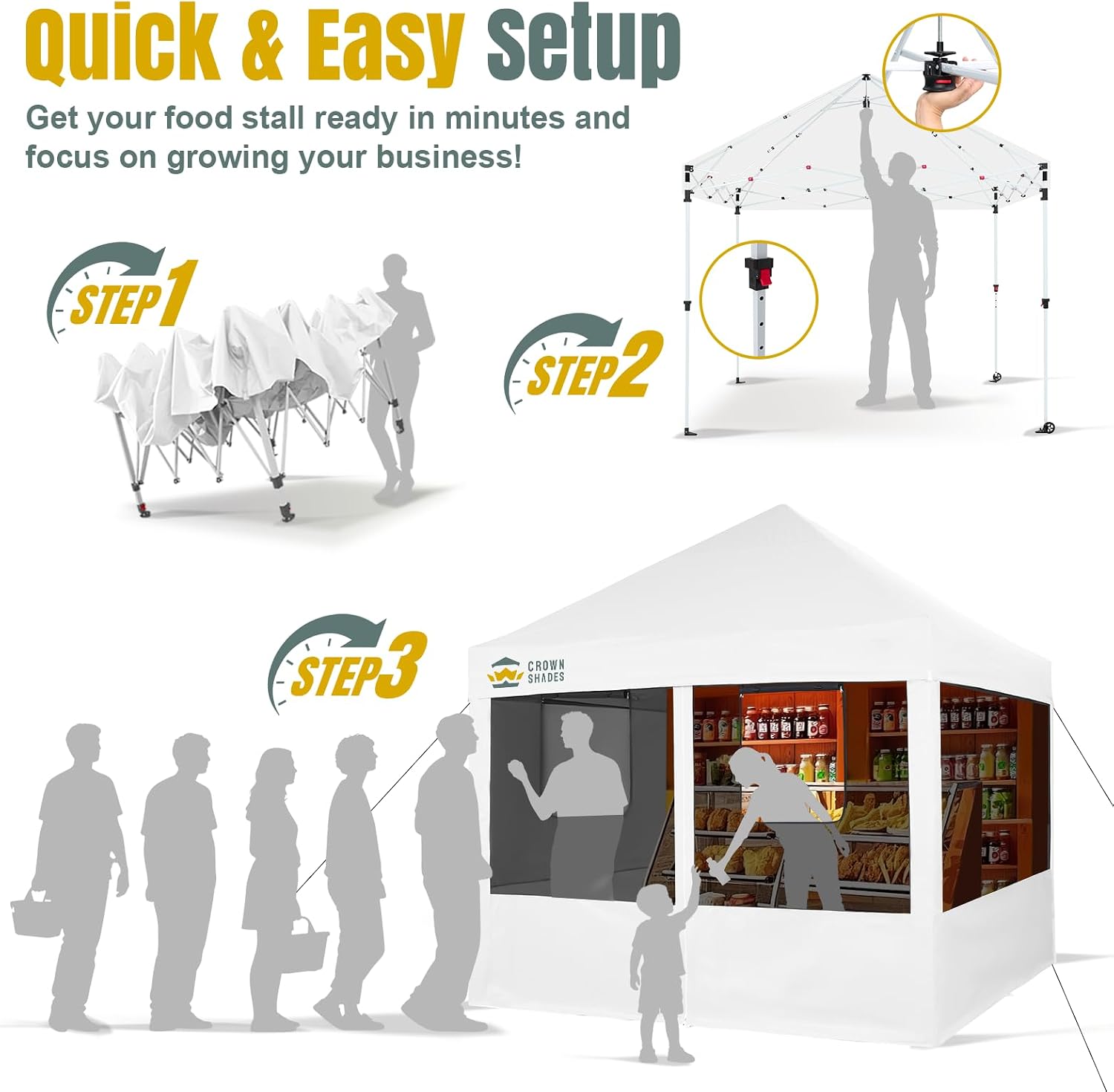 CROWN SHADES Pop Up Canopy Tent with 4 Mosquito Netting, Instant Commercial Tent with 1-Person Setup Patended Centerlock, 400D Silver Coated Fabric, 4' Wheels, Sto'N Go Bag,