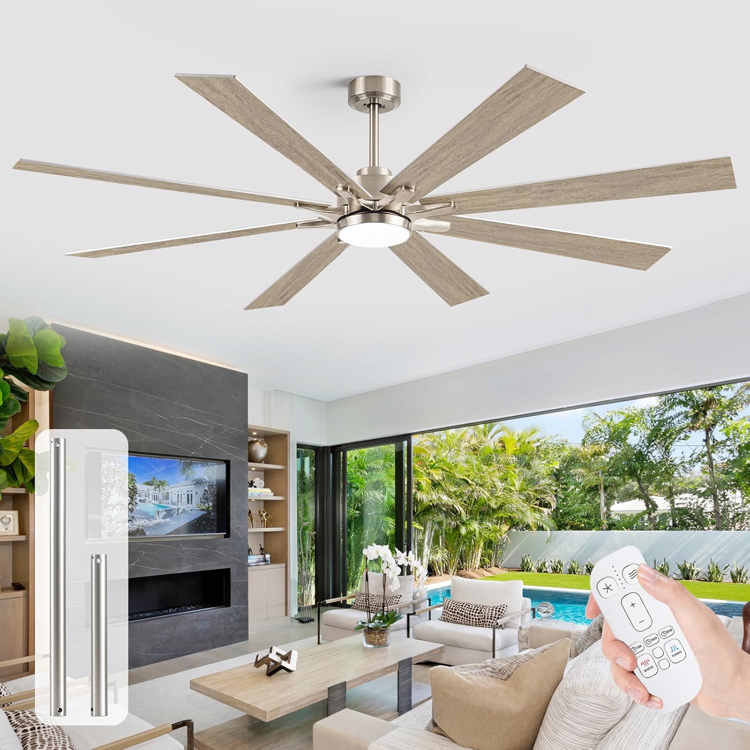 72 Inch Outdoor Ceiling Fan for Patio with Lights, Large Silver Industrial DC Motor Ceiling Fan with Light, Damp Rated Indoor or Covered Outdoor Ceiling Fans for Living Room Sunroom Porch Patio