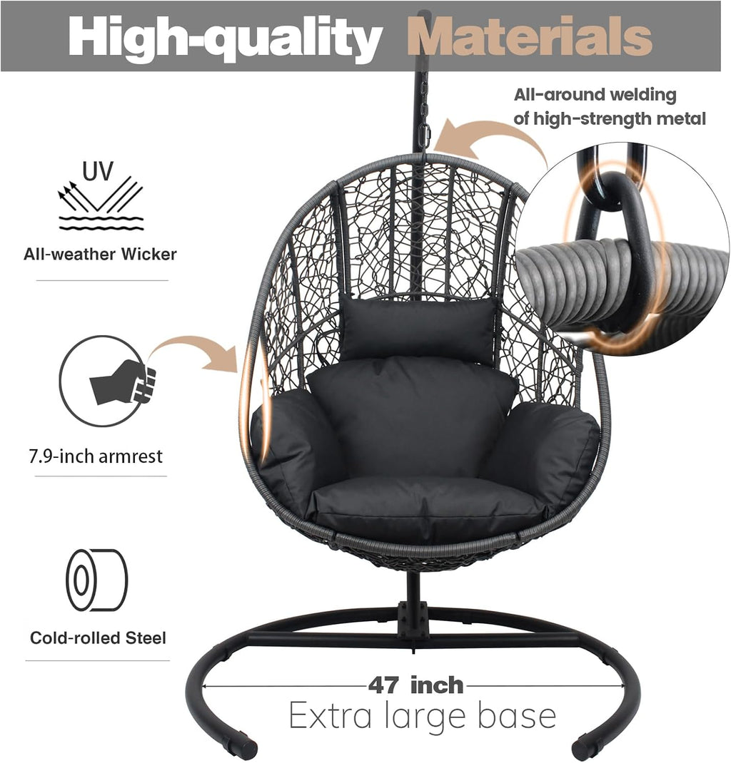 Oversized Hanging Egg Chair with Stand Outdoor Wicker Swing Chair Comfy Hammock Egg Shaped Chair 400lbs Capacity for Patio, Garden and Balcony