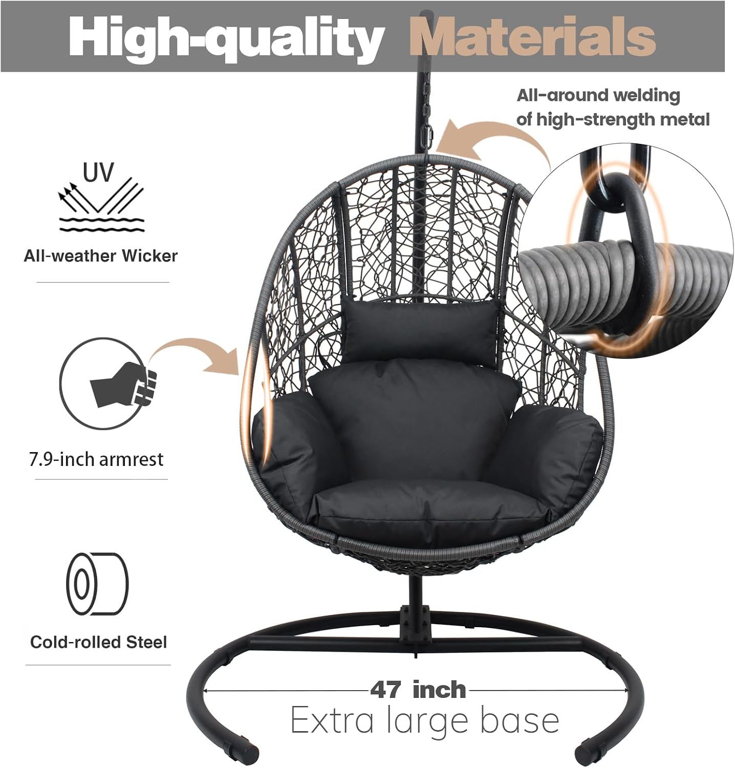 Oversized Hanging Egg Chair with Stand Outdoor Wicker Swing Chair Comfy Hammock Egg Shaped Chair 400lbs Capacity for Patio, Garden and Balcony