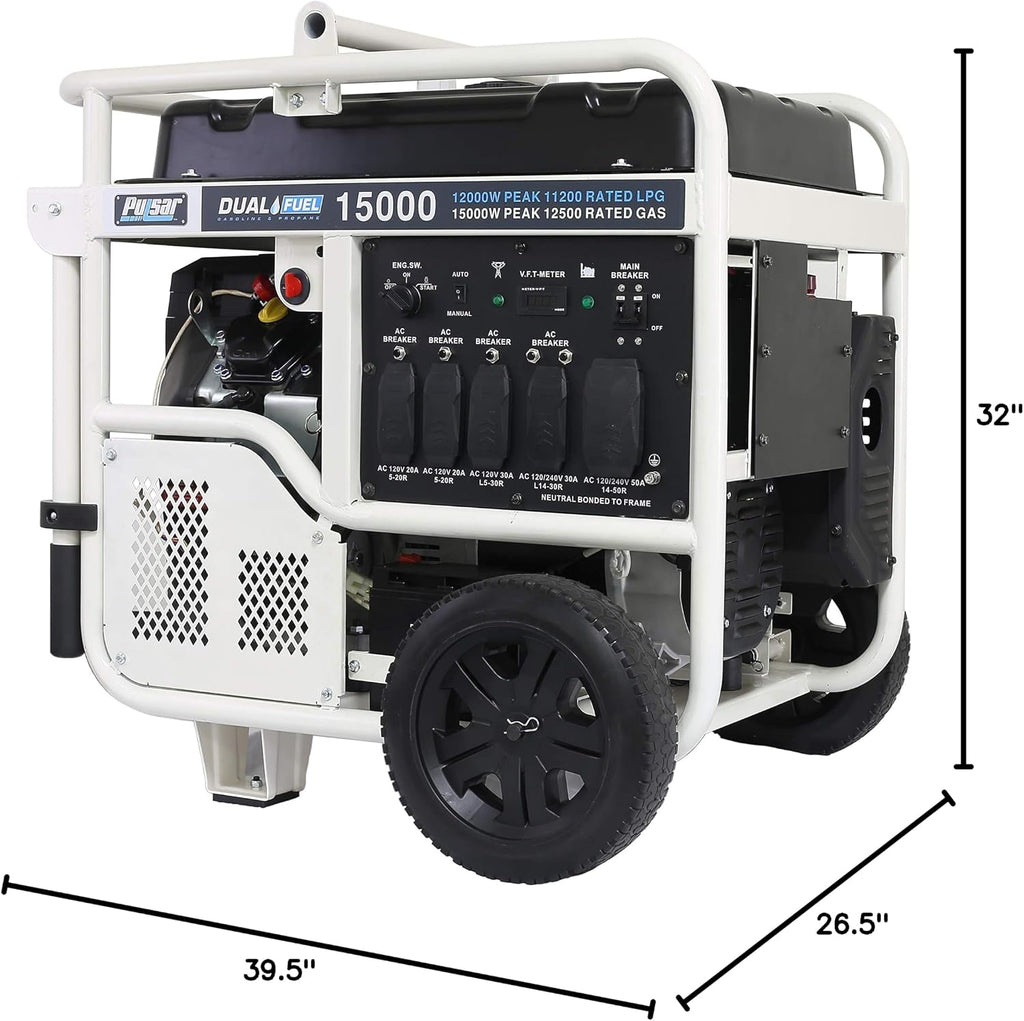 Pulsar PG15KVTWB 15,000W Dual Fuel Portable Generator, Gas or Propane, 713cc V-Twin Engine, Electric Start, 120V/240V, 50A Outlet