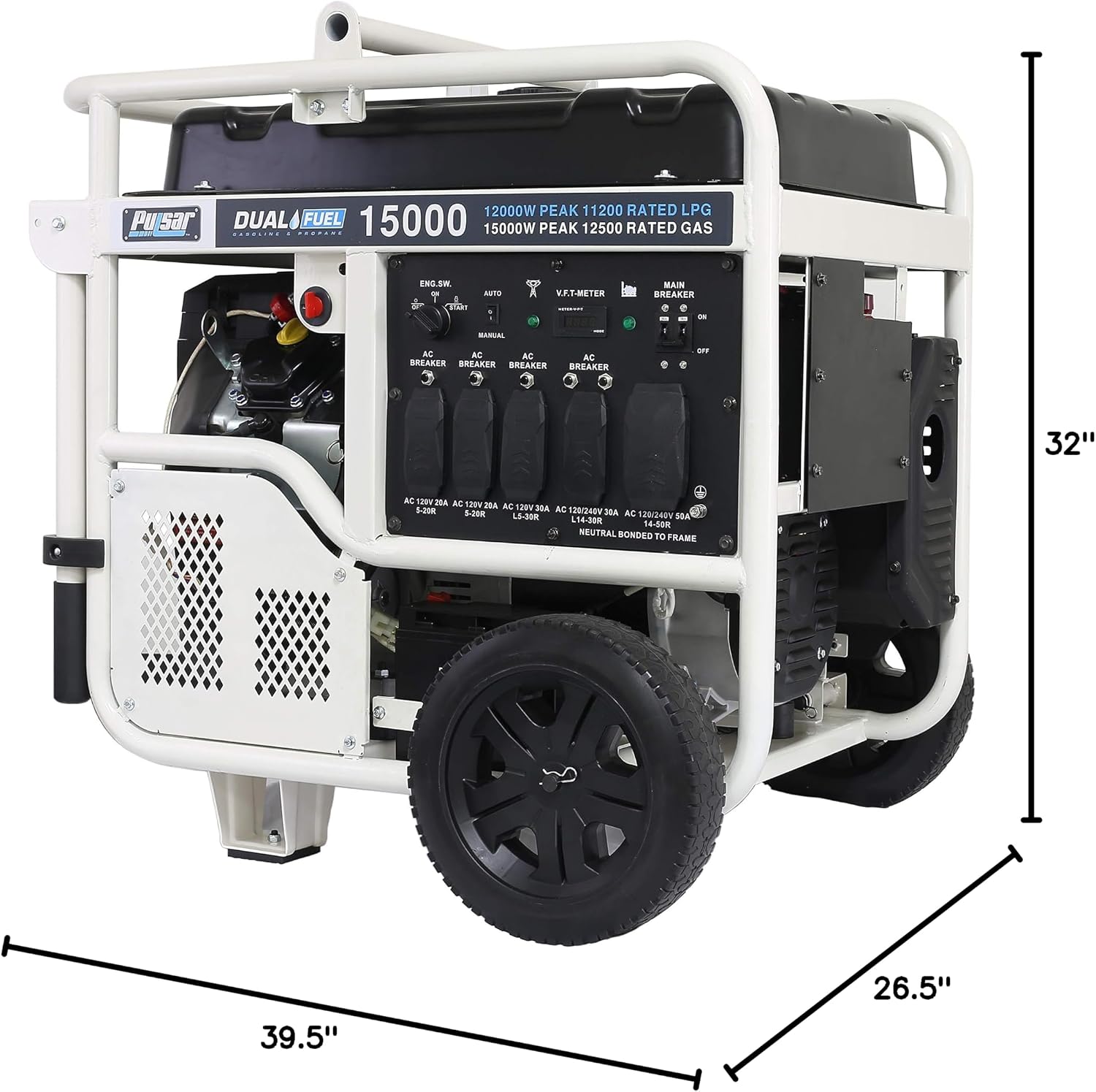 Pulsar PG15KVTWB 15,000W Dual Fuel Portable Generator, Gas or Propane, 713cc V-Twin Engine, Electric Start, 120V/240V, 50A Outlet