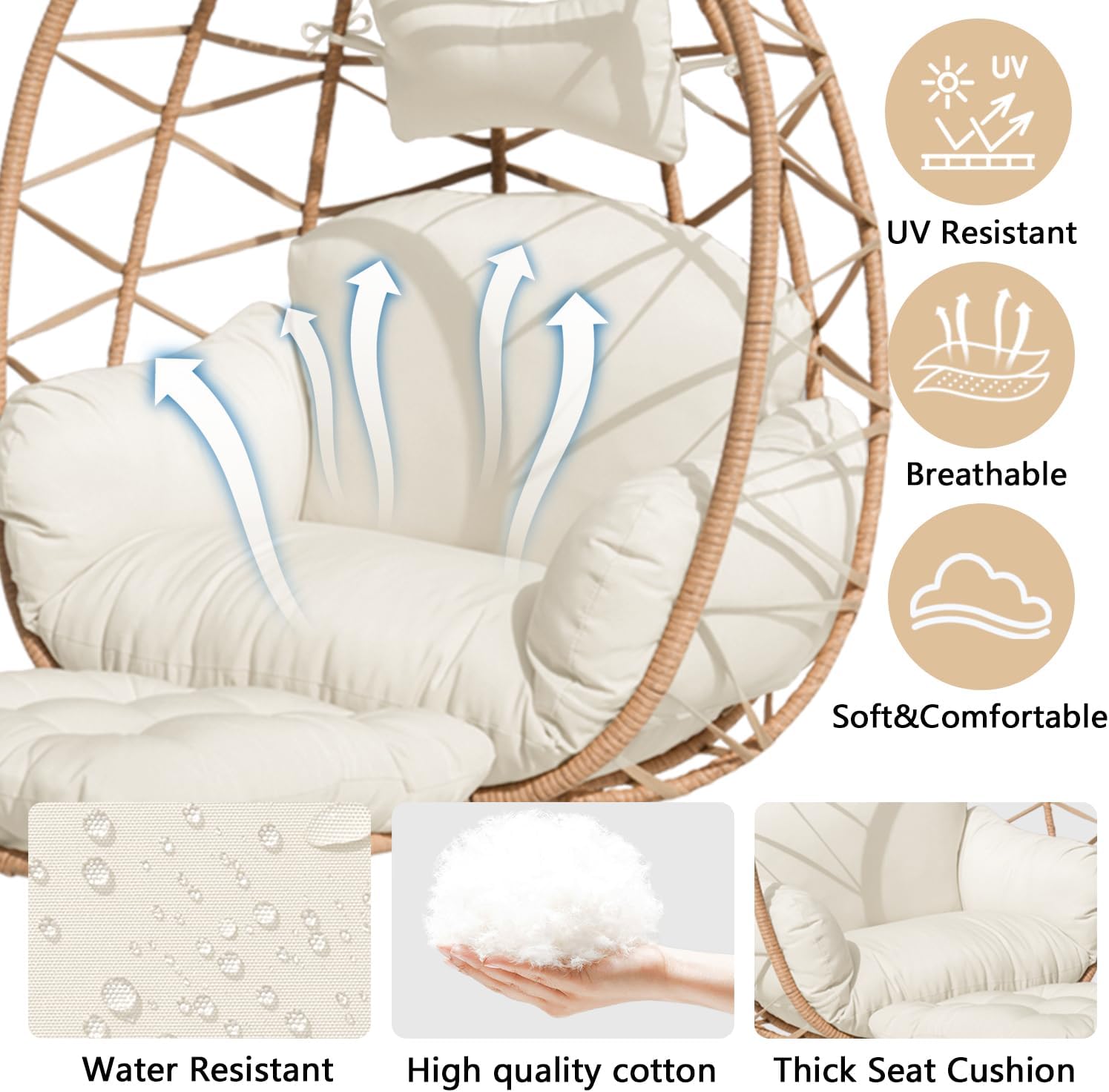 Indoor Outdoor Hanging Egg Chair with Stand & Leg Rest – Heavy-Duty Steel Frame, Handwoven Rattan Swing Chair for Patio, Garden, Bedroom – 350 lbs Capacity, Ergonomic Design (White)