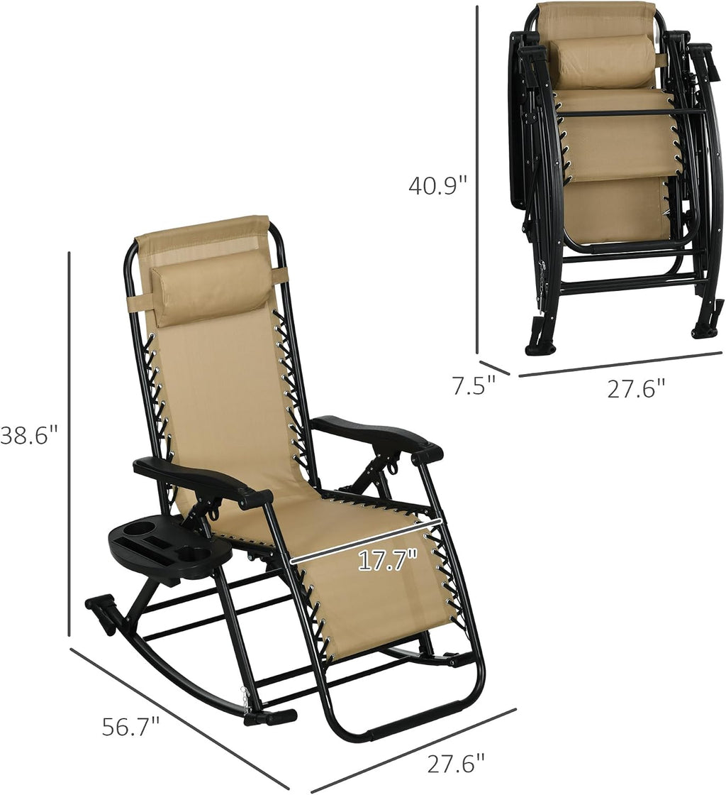 Outsunny Set of 2 Outdoor Rocking Chairs, Foldable Reclining Zero Gravity Lounge Rocker with Pillow, Cup & Phone Holder, Combo Design with Folding Legs, Beige