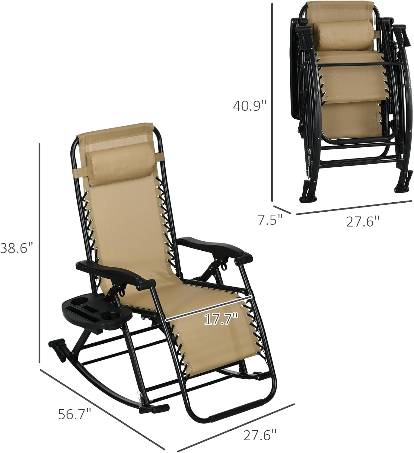 Outsunny Set of 2 Outdoor Rocking Chairs, Foldable Reclining Zero Gravity Lounge Rocker with Pillow, Cup & Phone Holder, Combo Design with Folding Legs, Beige