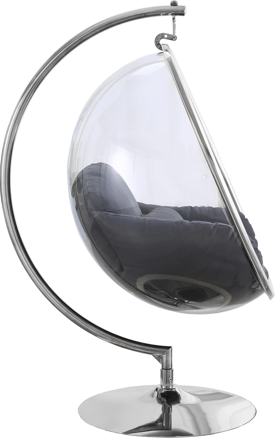 Meridian Furniture 507Grey Luna Collection Modern | Contemporary Clear Acrylic Accent Swing Chair with Durable Metal Base and Fabric Seat, Grey, Chrome Finish, 41.5' W x 29.5' D x 64' H