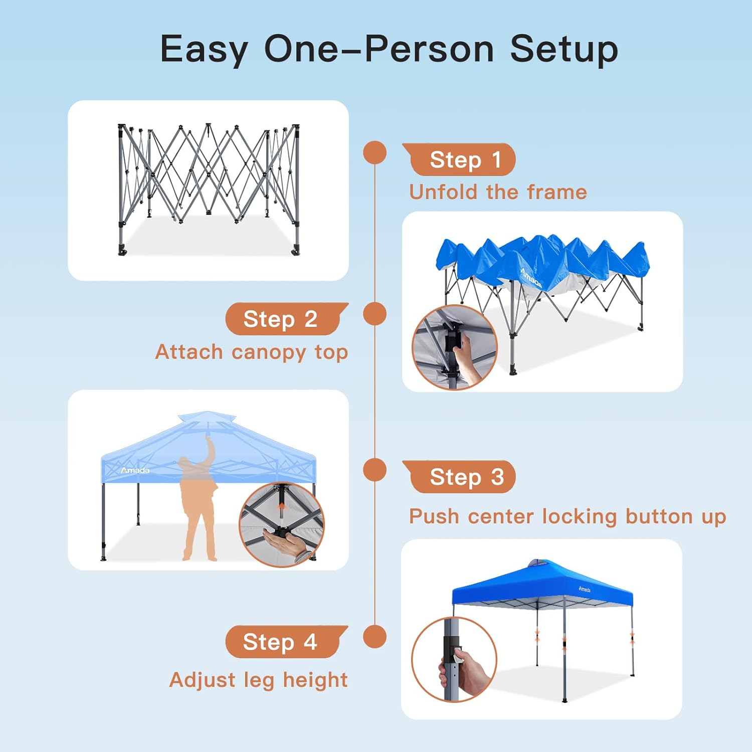 Amada 12x12 Pop Up Canopy - Center Lock One Push Instant Setup Wheeled Gazebo Outdoor Canopy Beach Tent with STO-N-Go Bag 8 Stakes & 4 Sand Bags, 3-Height Adjustable Shade Shelter (12x12ft, Blue)