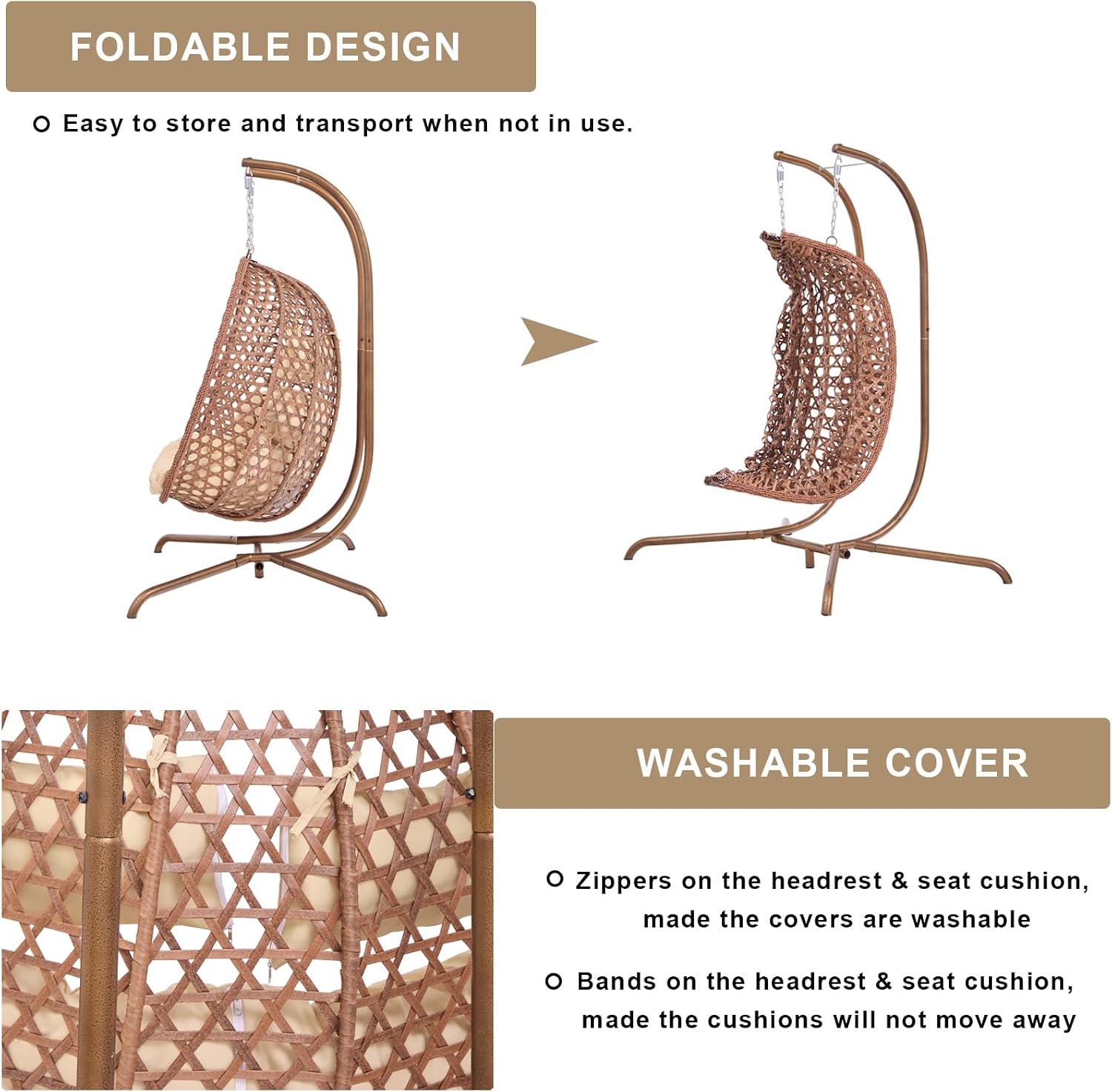 Double Swing Egg Chair with Stand, Foldable Wicker Hanging Swing for Outdoor Garden Patio, 2 Person Egg Chair Loveseat with Removable Cushions (Beige)