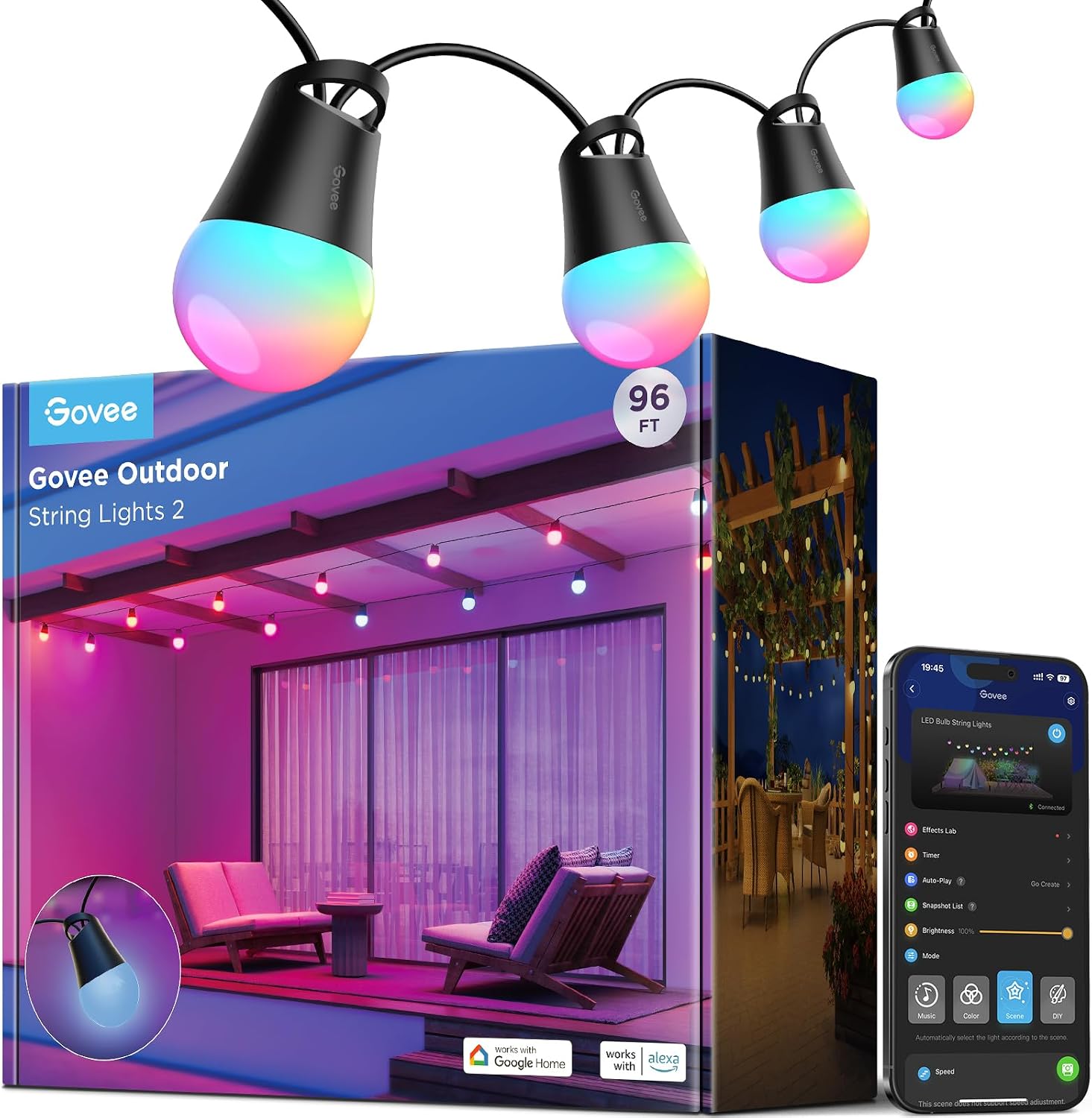 Govee Smart Outdoor String Lights 2, 96ft RGBIC Outdoor Lights with Dimmable Warm White LED Bulbs, 47 Scene Modes for Patio, Backyard, IP65 Waterproof, Compatible with Alexa, App Control