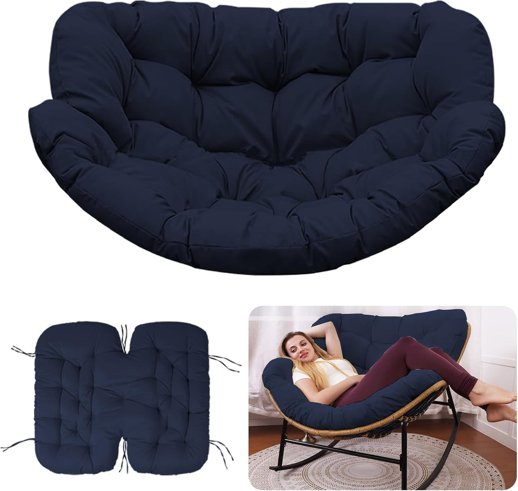 Outdoor Rocking Chair Cushion – Waterproof Wicker Egg Chair Replacement Pad, Thick Papasan Seat Cushion with Ties for Indoor & Outdoor Patio, Porch, Balcony, or Garden (Navy Blue)