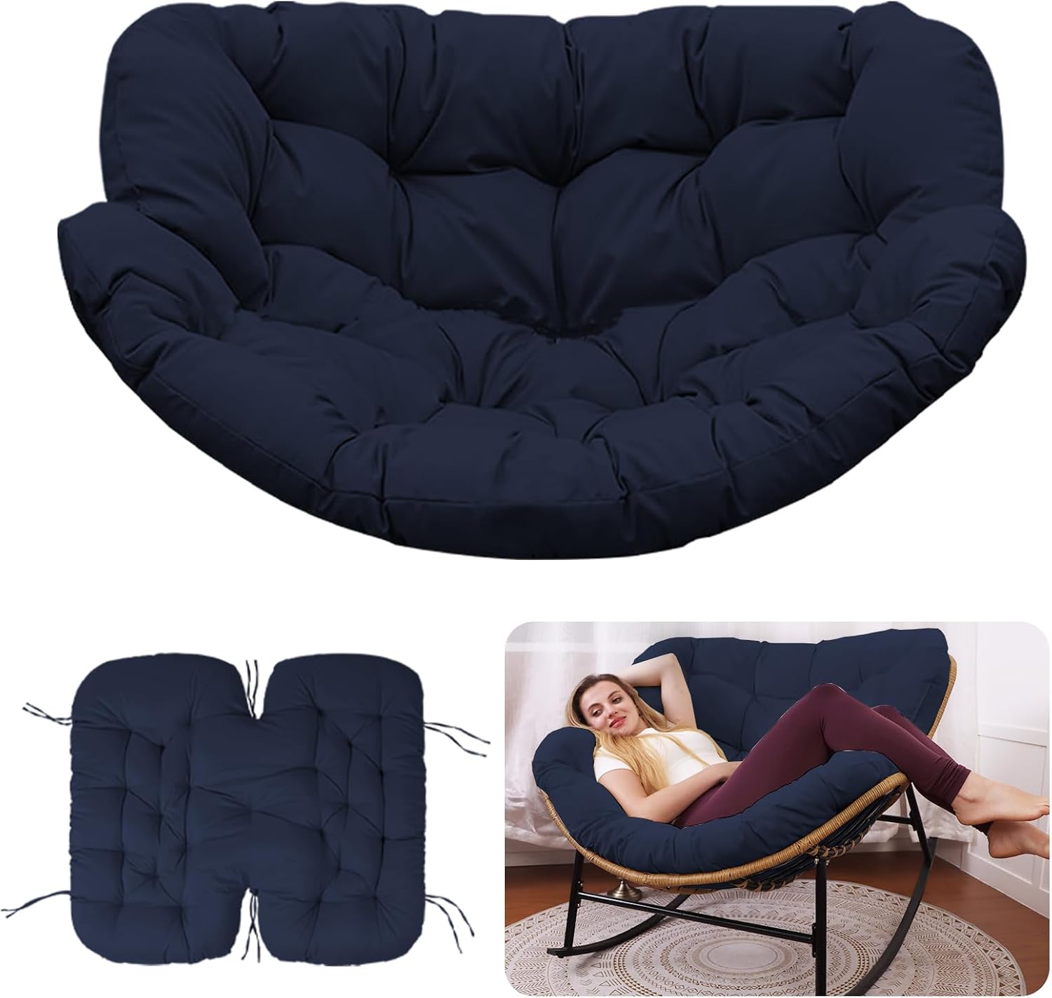 Outdoor Rocking Chair Cushion – Waterproof Wicker Egg Chair Replacement Pad, Thick Papasan Seat Cushion with Ties for Indoor & Outdoor Patio, Porch, Balcony, or Garden (Navy Blue)