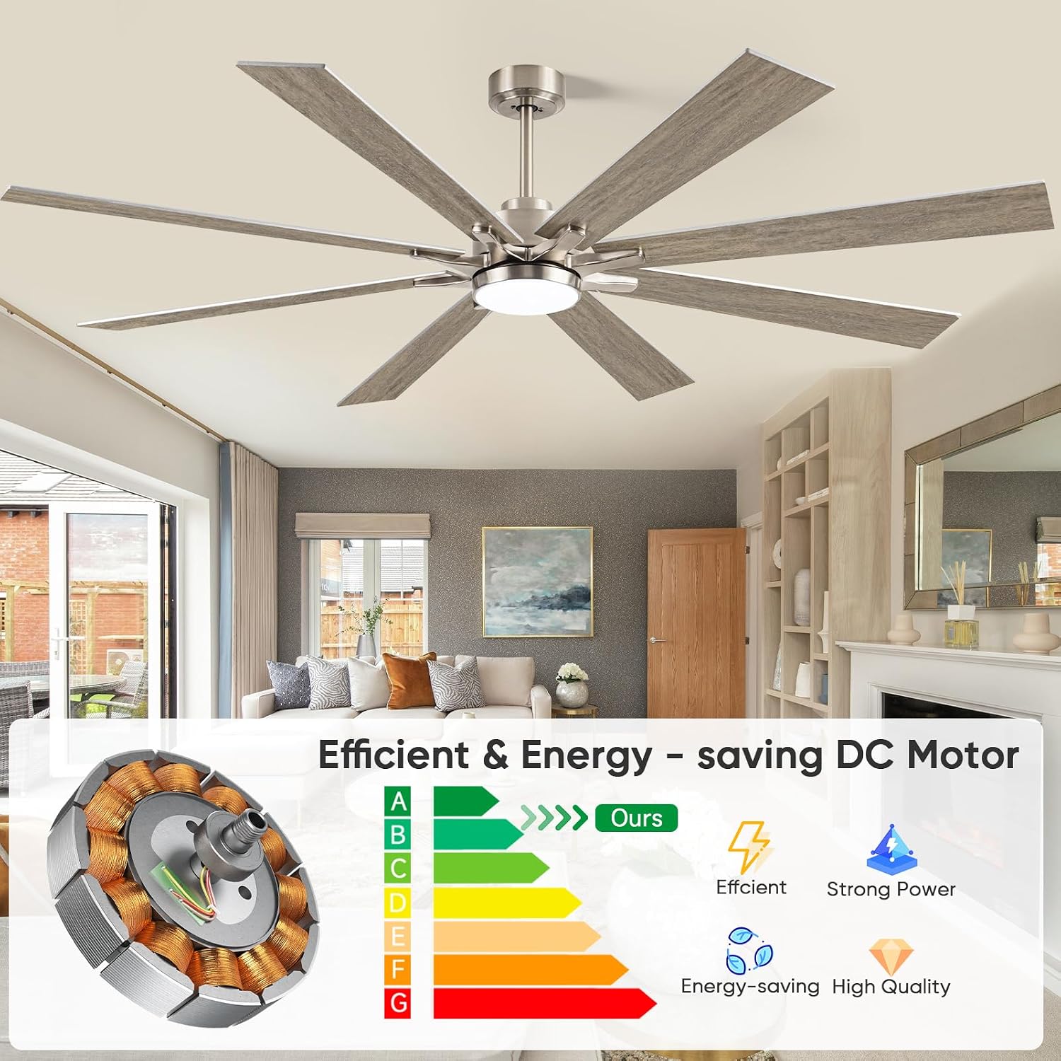 72 Inch Outdoor Ceiling Fan for Patio with Lights, Large Silver Industrial DC Motor Ceiling Fan with Light, Damp Rated Indoor or Covered Outdoor Ceiling Fans for Living Room Sunroom Porch Patio