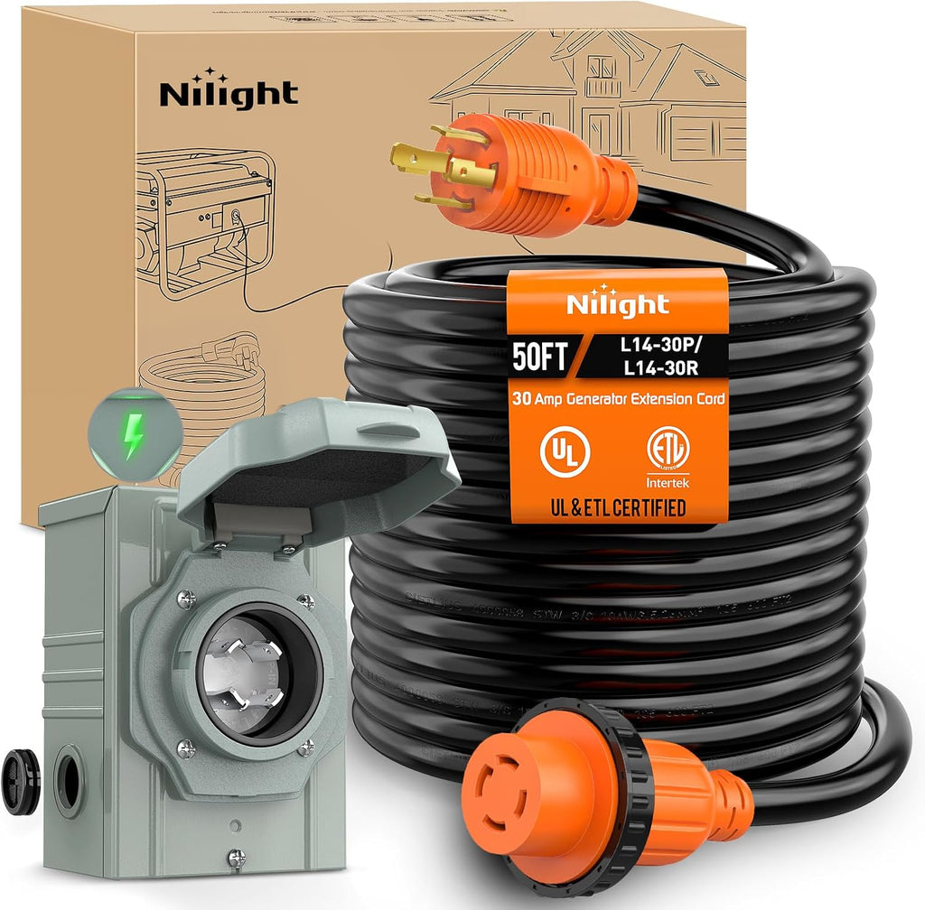 Nilight 30A 50FT Generator Extension Cord Power Inlet Box with Locking Connector 125/250V 7500W 10 Gauge STW ETL Listed 4 Prong L14-30P L14-30R Cable for RV Outdoor Use
