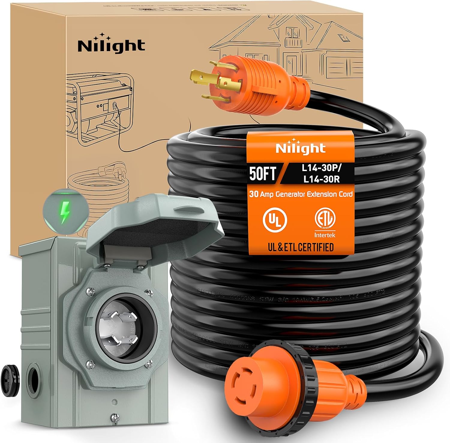 Nilight 30A 50FT Generator Extension Cord Power Inlet Box with Locking Connector 125/250V 7500W 10 Gauge STW ETL Listed 4 Prong L14-30P L14-30R Cable for RV Outdoor Use