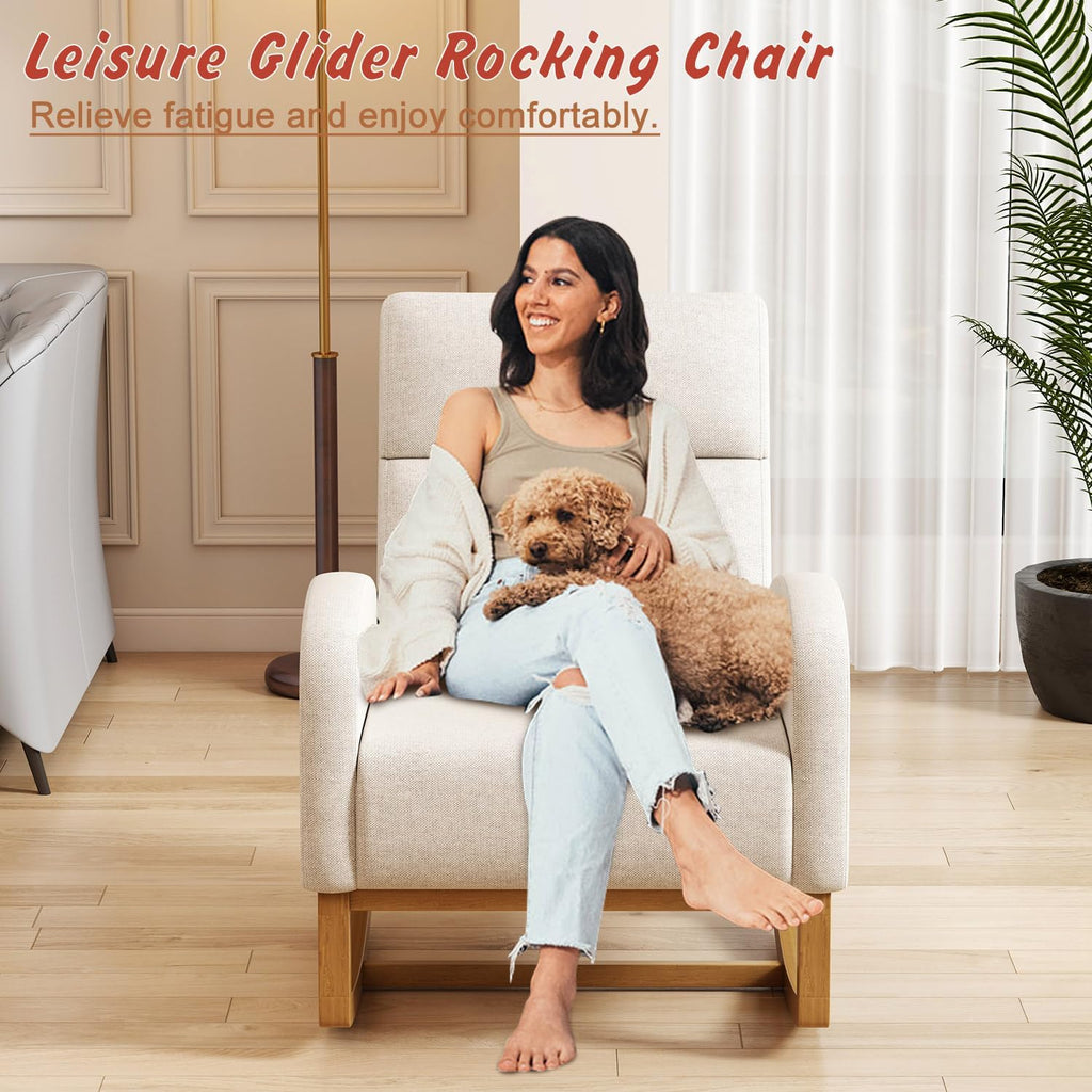 Gaussen Glider Rocking Chair Nursery Comfy Accent Chair with High Backrest Upholstered Living Room Chairs with Side Pocket Armchair Reading Chair for Bedroom Nursery Office, Cream