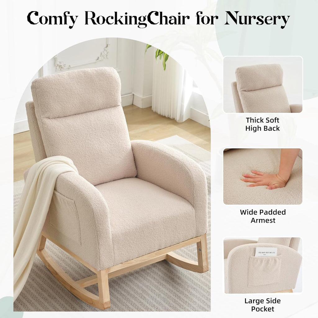 Upholstered Rocking Chair, Glider Chair Nursery Chair with High Back and Side Pocket, Rocking Accent Armchair with Rubber Wood Legs for Living Room/Bedroom/Nursery