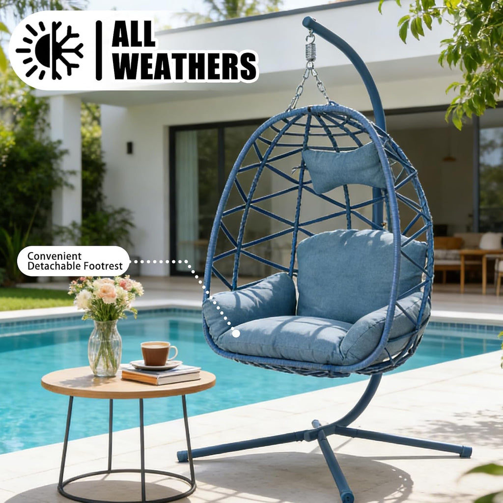 Hanging Egg Chair with Stand & Leg Rest,Rattan Wicker Swing Chair with Cushion,Patio Basket Hanging Chair Wicker Hammock Chair for Indoor Outdoor Bedroom Garden,300LBS (Blue Rattan&Blue Cushion)