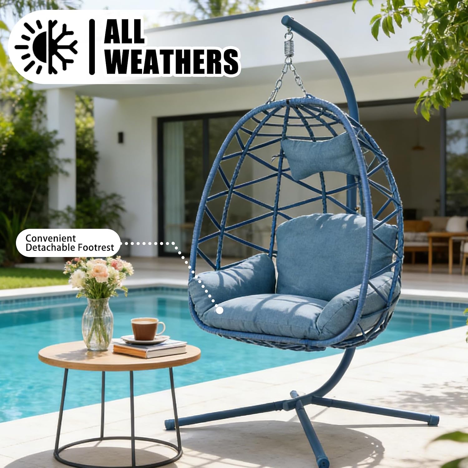 Hanging Egg Chair with Stand & Leg Rest,Rattan Wicker Swing Chair with Cushion,Patio Basket Hanging Chair Wicker Hammock Chair for Indoor Outdoor Bedroom Garden,300LBS (Blue Rattan&Blue Cushion)