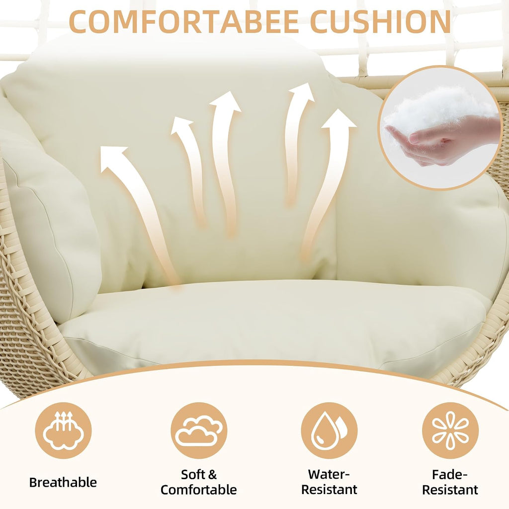 TWT Egg Swivel Chair Beige Outdoor - Rattan Wicker Patio Hammock Chair with Metal Frame and UV Resistant Cushion for Indoor Bedroom Balcony (Swivel Base)