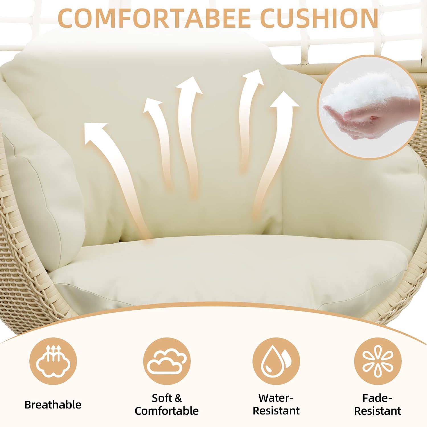 TWT Egg Swivel Chair Beige Outdoor - Rattan Wicker Patio Hammock Chair with Metal Frame and UV Resistant Cushion for Indoor Bedroom Balcony (Swivel Base)