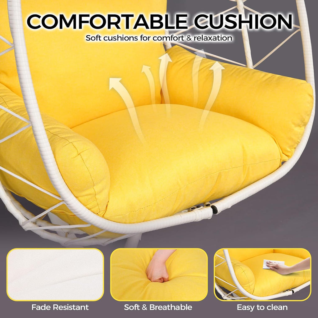 Egg Chair with Stand, Wicker Hanging Chair for Outdoor Patio, Cushioned Hammock Swing for Bedroom Garden Indoor/Outdoor, Double-Zipper Structure Hanging Egg Chair (White and Yellow)